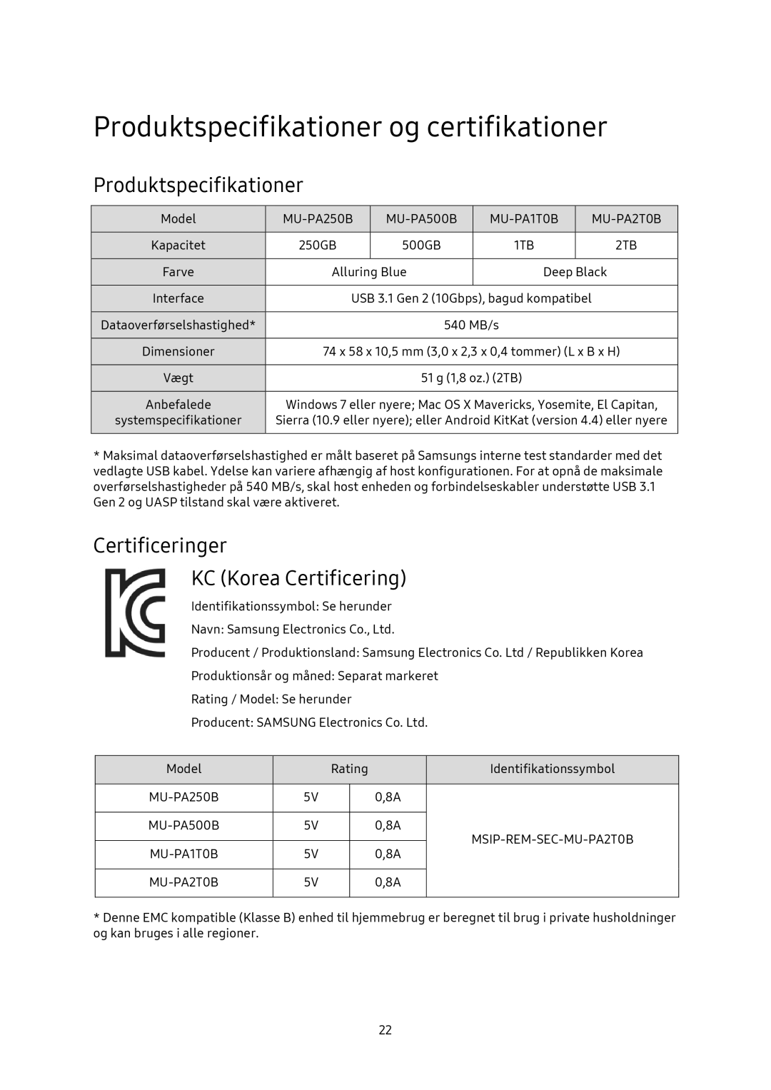 Samsung MU-PA250B/EU, MU-PA1T0B/EU manual Produktspecifikationer og certifikationer, Certificeringer KC Korea Certificering 