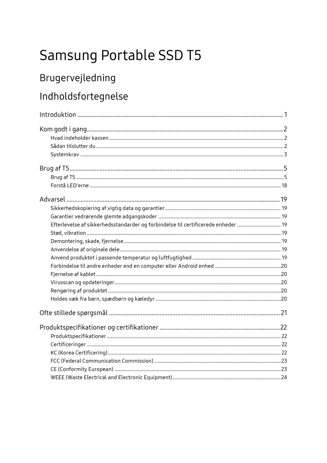 Samsung MU-PA2T0B/EU, MU-PA1T0B/EU, MU-PA250B/EU, MU-PA500B/EU manual Brugervejledning Indholdsfortegnelse 