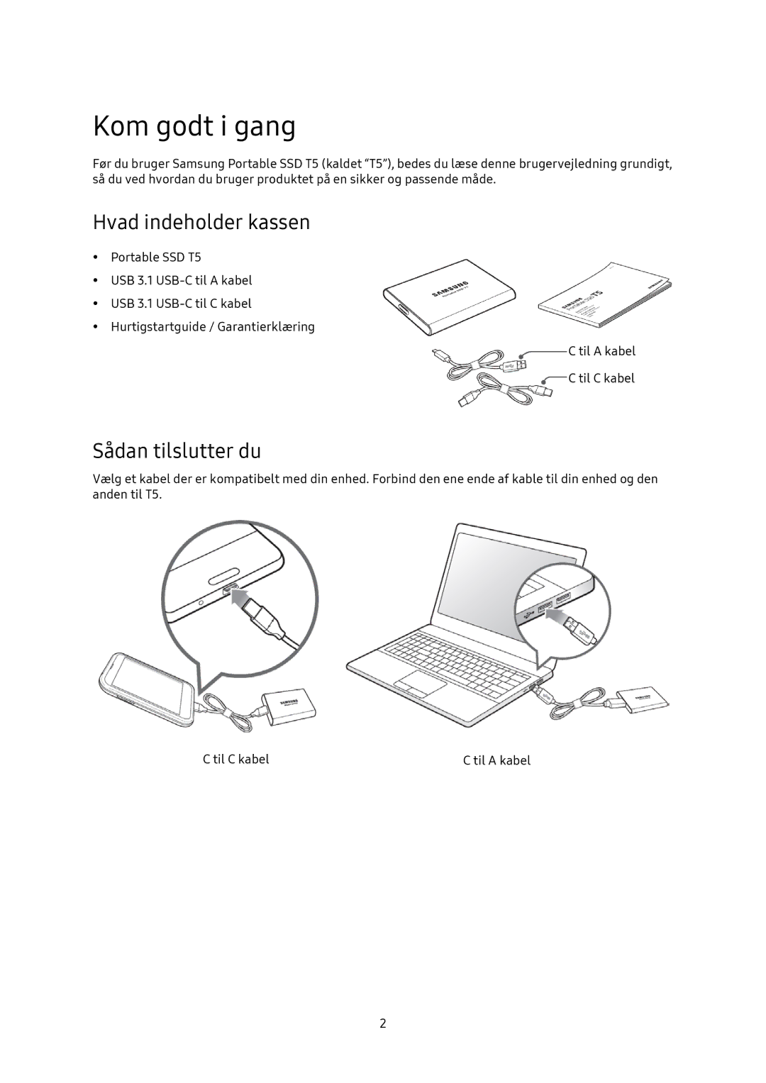 Samsung MU-PA250B/EU, MU-PA1T0B/EU, MU-PA500B/EU, MU-PA2T0B/EU Kom godt i gang, Hvad indeholder kassen, Sådan tilslutter du 