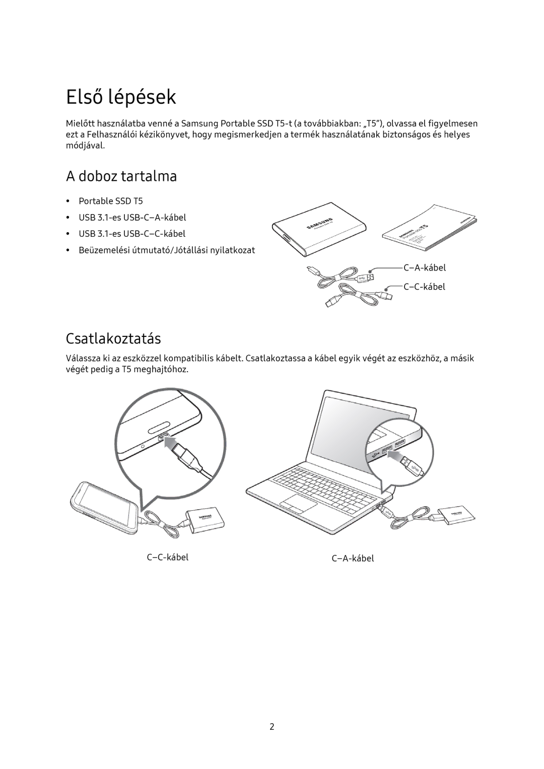 Samsung MU-PA250B/EU, MU-PA1T0B/EU, MU-PA500B/EU, MU-PA2T0B/EU manual Első lépések, Doboz tartalma, Csatlakoztatás 