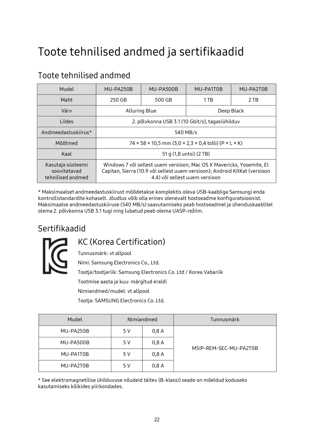 Samsung MU-PA250B/EU, MU-PA1T0B/EU manual Toote tehnilised andmed ja sertifikaadid, Sertifikaadid KC Korea Certification 