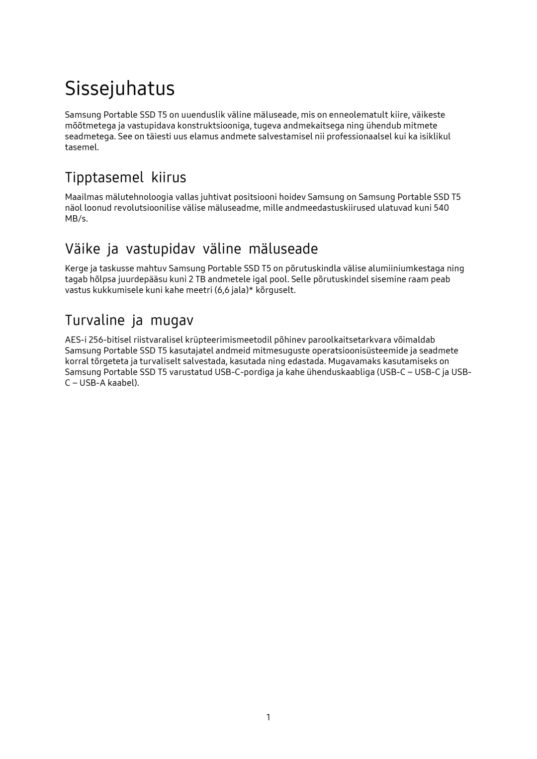 Samsung MU-PA250B/EU manual Sissejuhatus, Tipptasemel kiirus, Väike ja vastupidav väline mäluseade, Turvaline ja mugav 