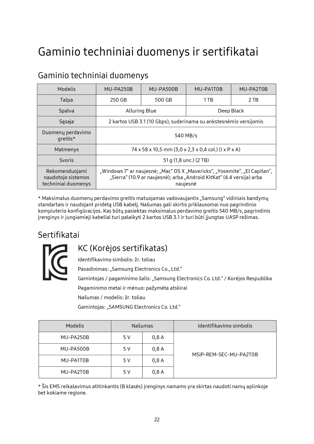 Samsung MU-PA250B/EU, MU-PA1T0B/EU manual Gaminio techniniai duomenys ir sertifikatai, Sertifikatai KC Korėjos sertifikatas 