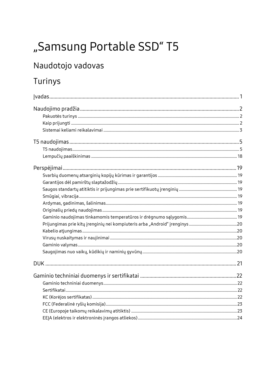 Samsung MU-PA1T0B/EU, MU-PA250B/EU, MU-PA500B/EU manual Naudotojo vadovas Turinys 