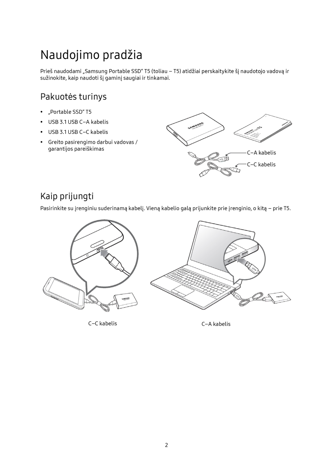 Samsung MU-PA500B/EU, MU-PA1T0B/EU, MU-PA250B/EU manual Naudojimo pradžia, Pakuotės turinys, Kaip prijungti 