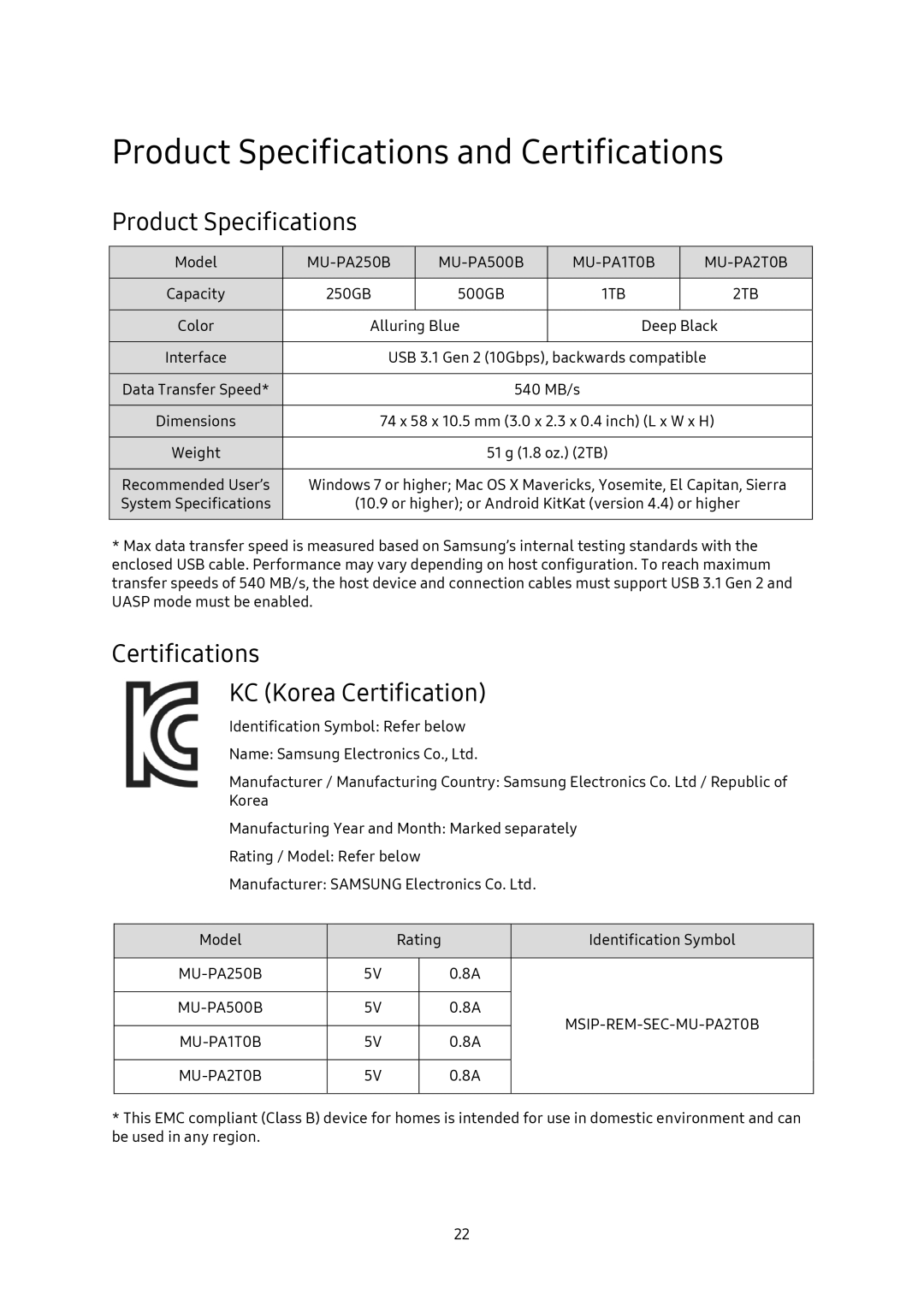 Samsung MU-PT500B/EU, MU-PA1T0B/EU, MU-PA250B/EU, MU-PT2T0B/EU Product Specifications, Certifications KC Korea Certification 