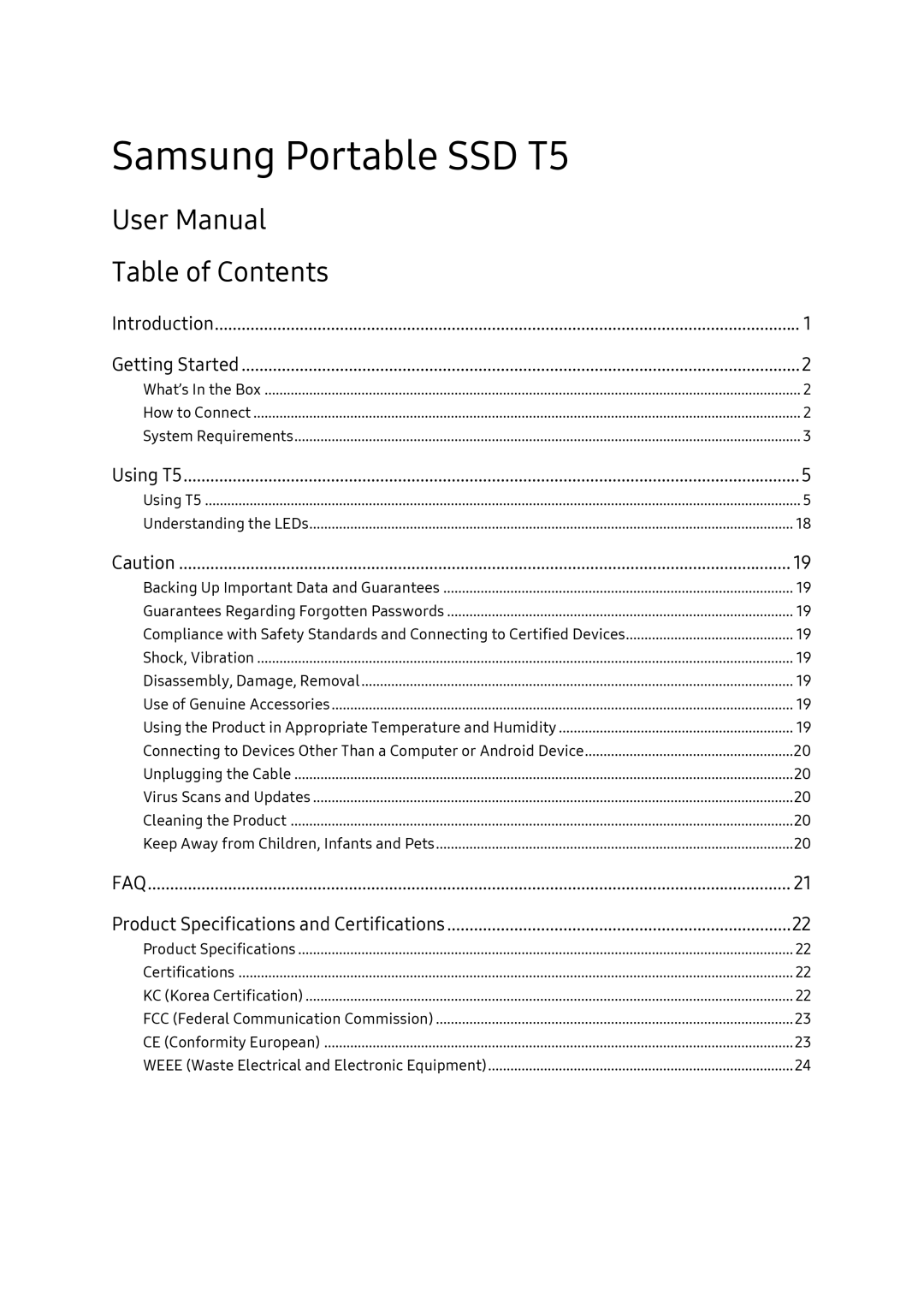 Samsung MU-PT500B/EU, MU-PA1T0B/EU, MU-PA250B/EU, MU-PT2T0B/EU, MU-PA500B/EU, MU-PA2T0B/EU, MU-PT250B/EU manual Table of Contents 