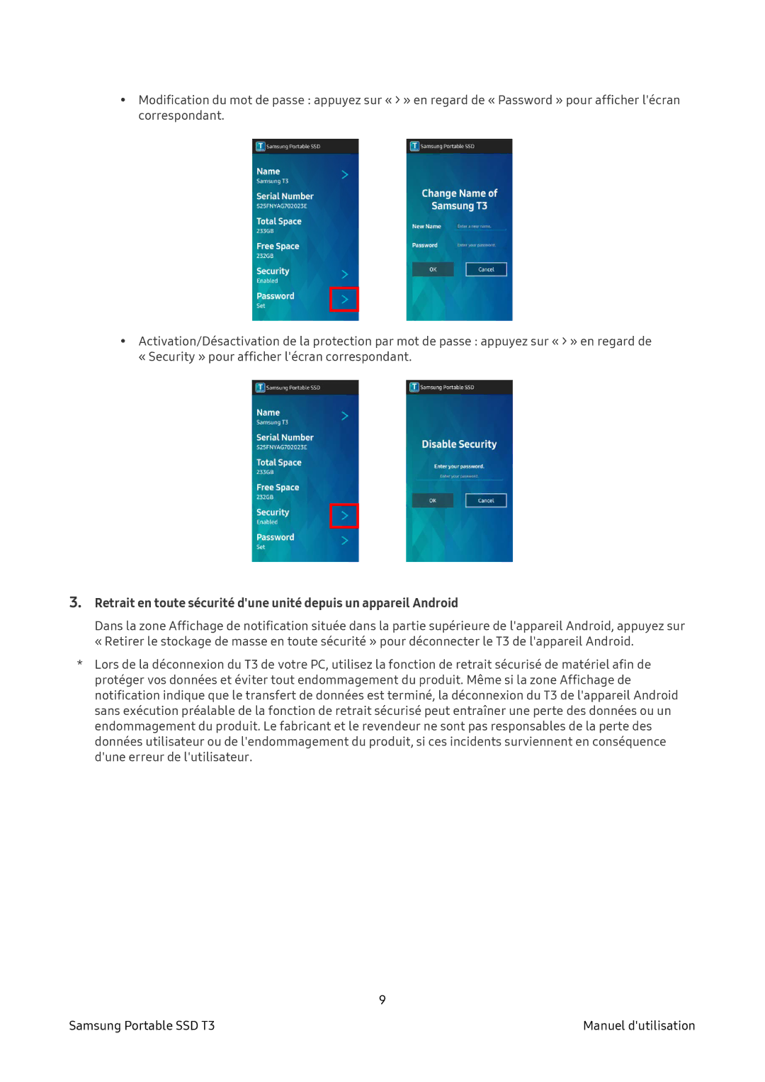 Samsung MU-PT2T0B/EU, MU-PT500B/EU, MU-PT250B/EU, MU-PT1T0B/EU manual Samsung Portable SSD T3 Manuel dutilisation 