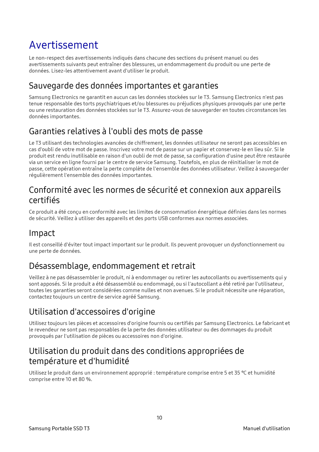 Samsung MU-PT500B/EU, MU-PT2T0B/EU, MU-PT250B/EU, MU-PT1T0B/EU manual Avertissement 