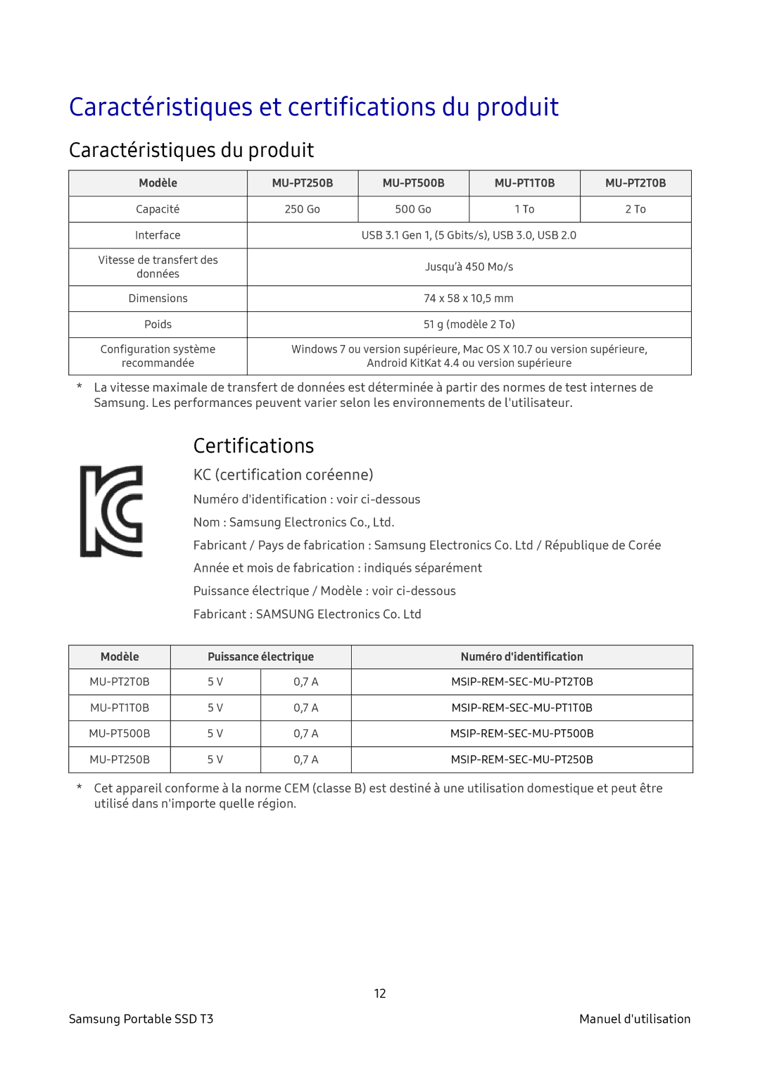 Samsung MU-PT1T0B/EU manual Caractéristiques et certifications du produit, Caractéristiques du produit, Certifications 