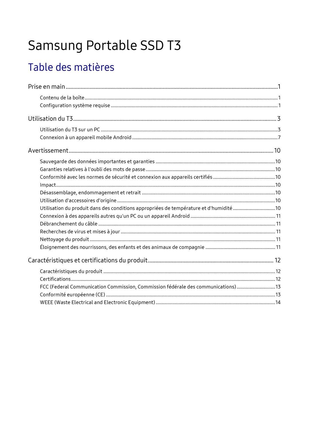 Samsung MU-PT1T0B/EU, MU-PT2T0B/EU, MU-PT500B/EU, MU-PT250B/EU manual Samsung Portable SSD T3, Table des matières 