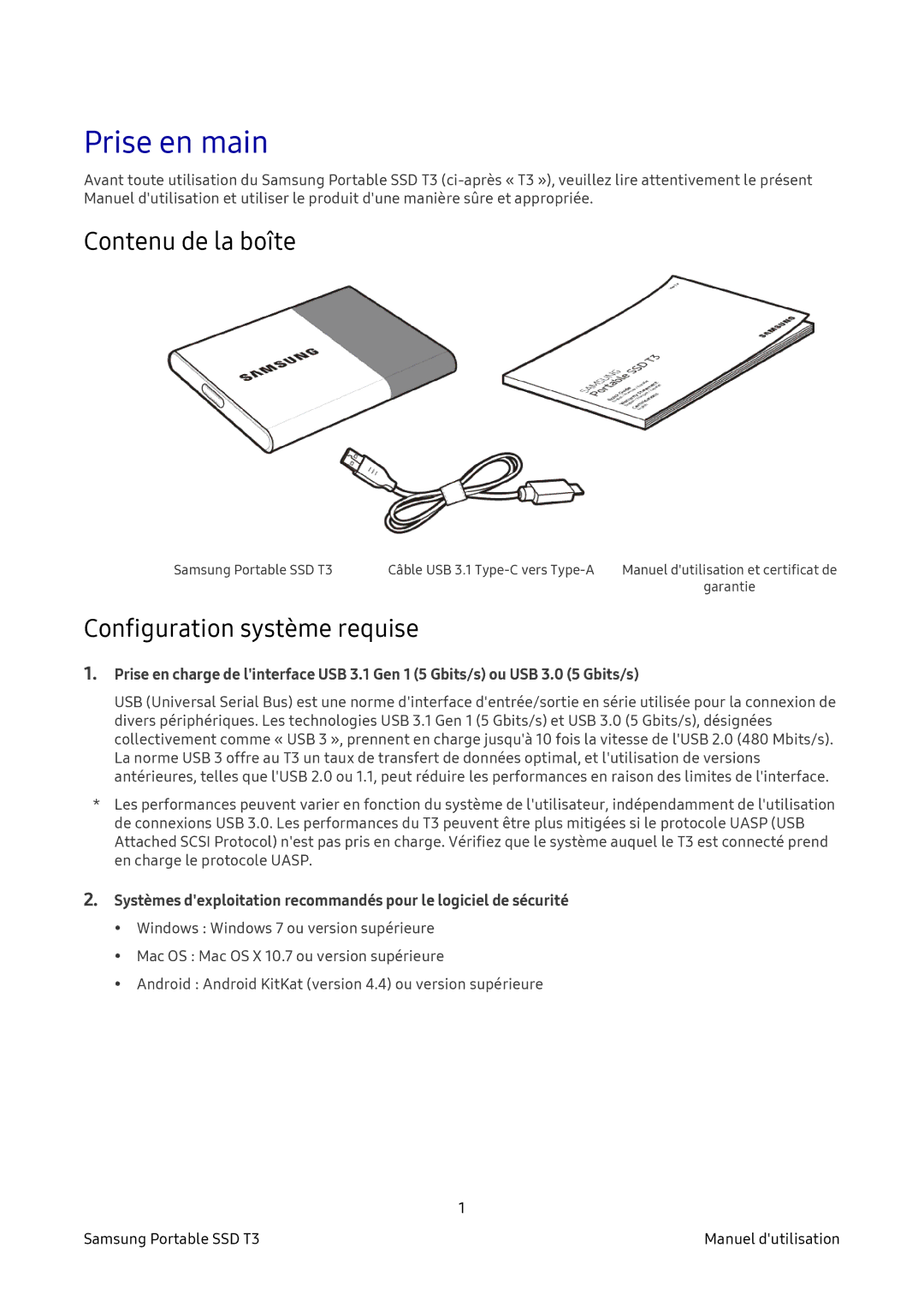 Samsung MU-PT2T0B/EU, MU-PT500B/EU, MU-PT250B/EU manual Prise en main, Contenu de la boîte, Configuration système requise 