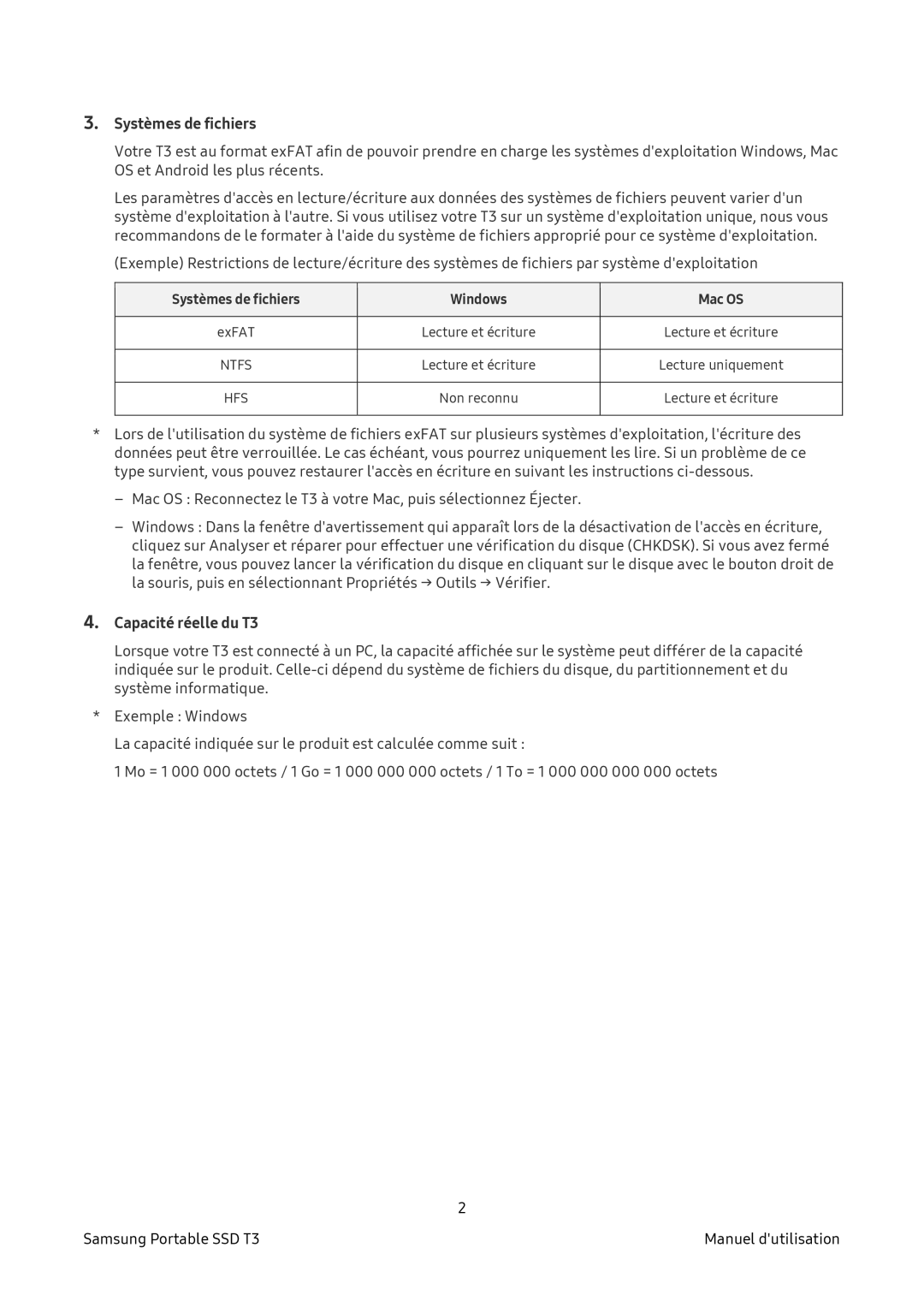 Samsung MU-PT500B/EU, MU-PT2T0B/EU, MU-PT250B/EU, MU-PT1T0B/EU manual Systèmes de fichiers, Capacité réelle du T3 