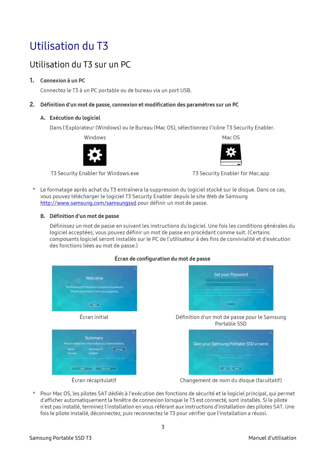 Samsung MU-PT250B/EU, MU-PT2T0B/EU manual Utilisation du T3 sur un PC, Connexion à un PC, Définition dun mot de passe 