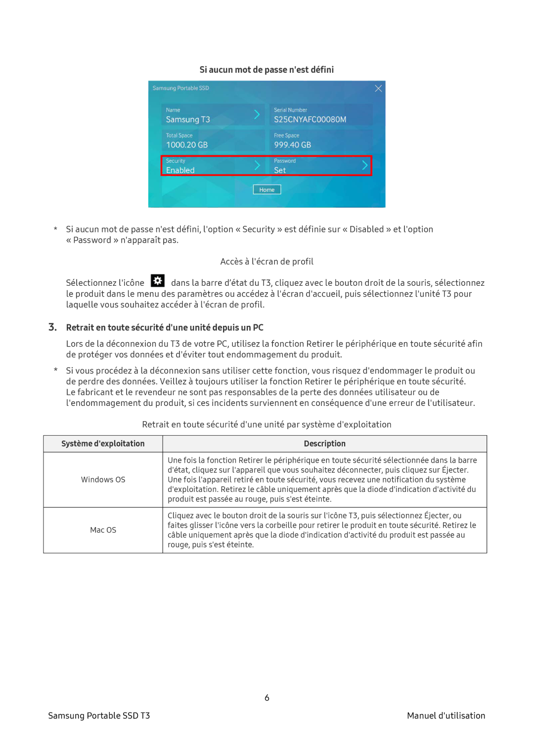 Samsung MU-PT500B/EU, MU-PT2T0B/EU Si aucun mot de passe nest défini, Retrait en toute sécurité dune unité depuis un PC 