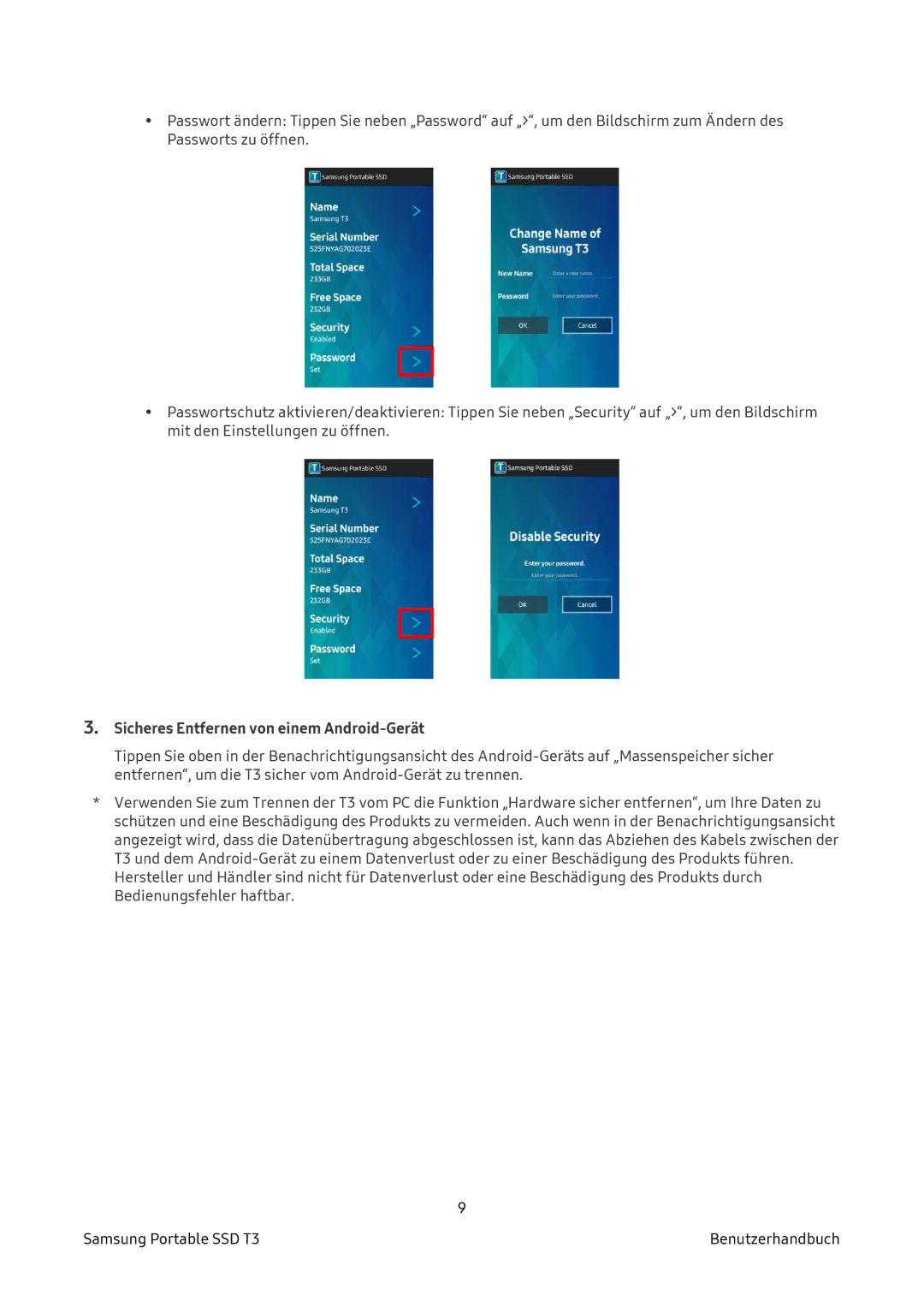 Samsung MU-PT2T0B/EU, MU-PT500B/EU, MU-PT250B/EU, MU-PT1T0B/EU manual Sicheres Entfernen von einem Android-Gerät 