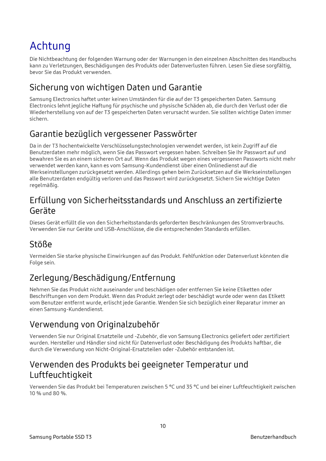 Samsung MU-PT500B/EU, MU-PT2T0B/EU, MU-PT250B/EU, MU-PT1T0B/EU manual Achtung 