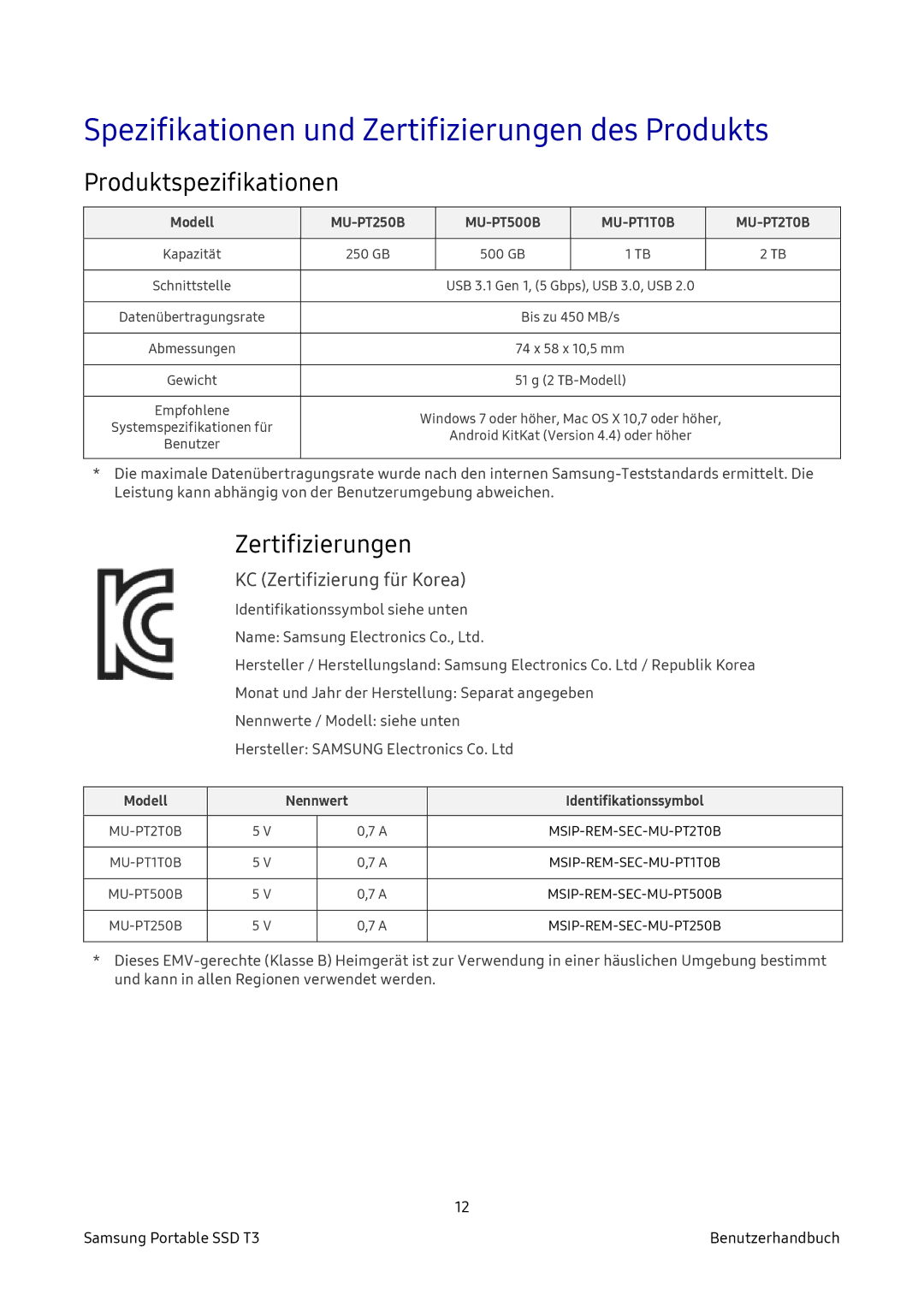 Samsung MU-PT1T0B/EU, MU-PT2T0B/EU, MU-PT500B/EU Spezifikationen und Zertifizierungen des Produkts, Produktspezifikationen 