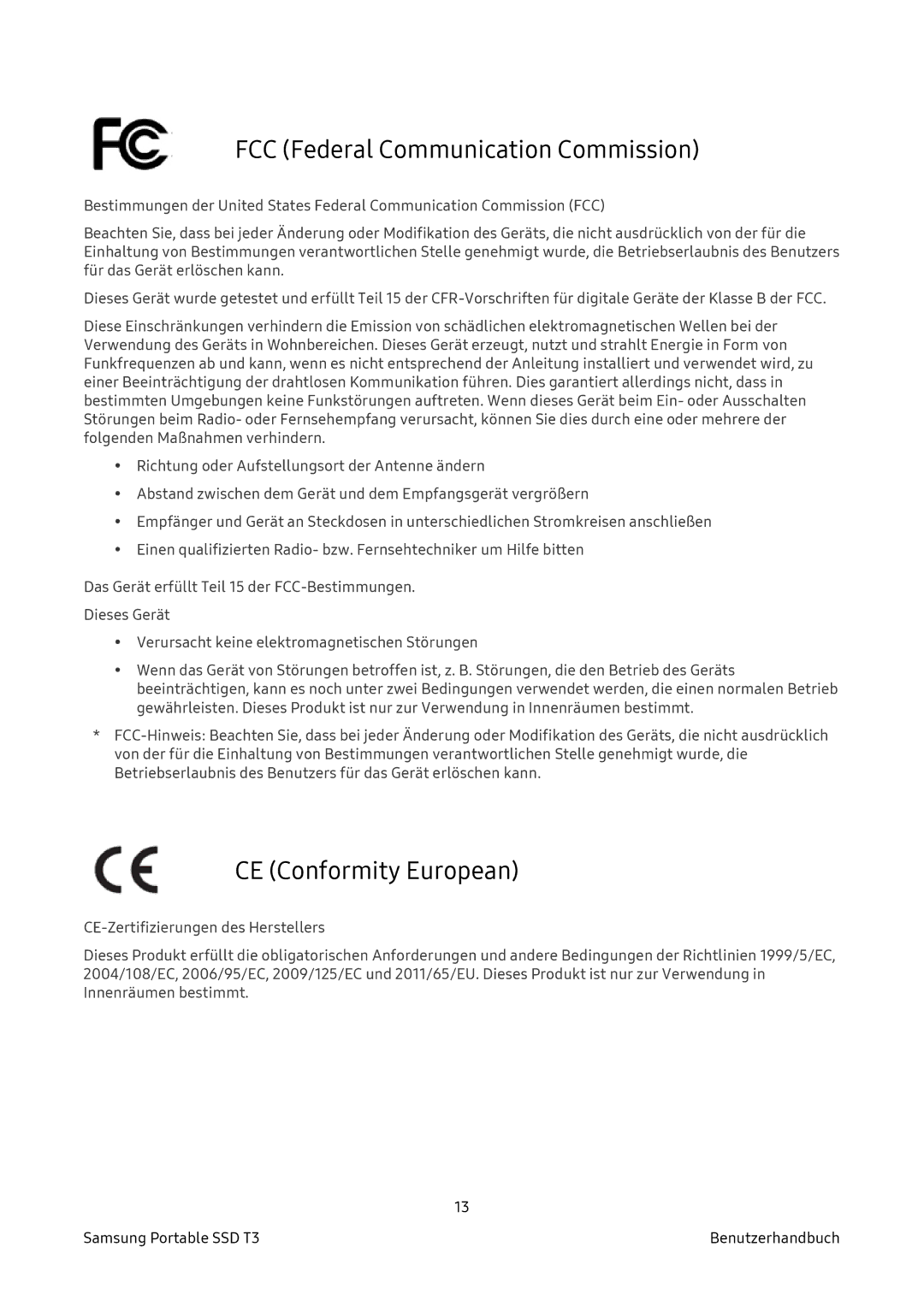 Samsung MU-PT2T0B/EU, MU-PT500B/EU, MU-PT250B/EU, MU-PT1T0B/EU FCC Federal Communication Commission, CE Conformity European 