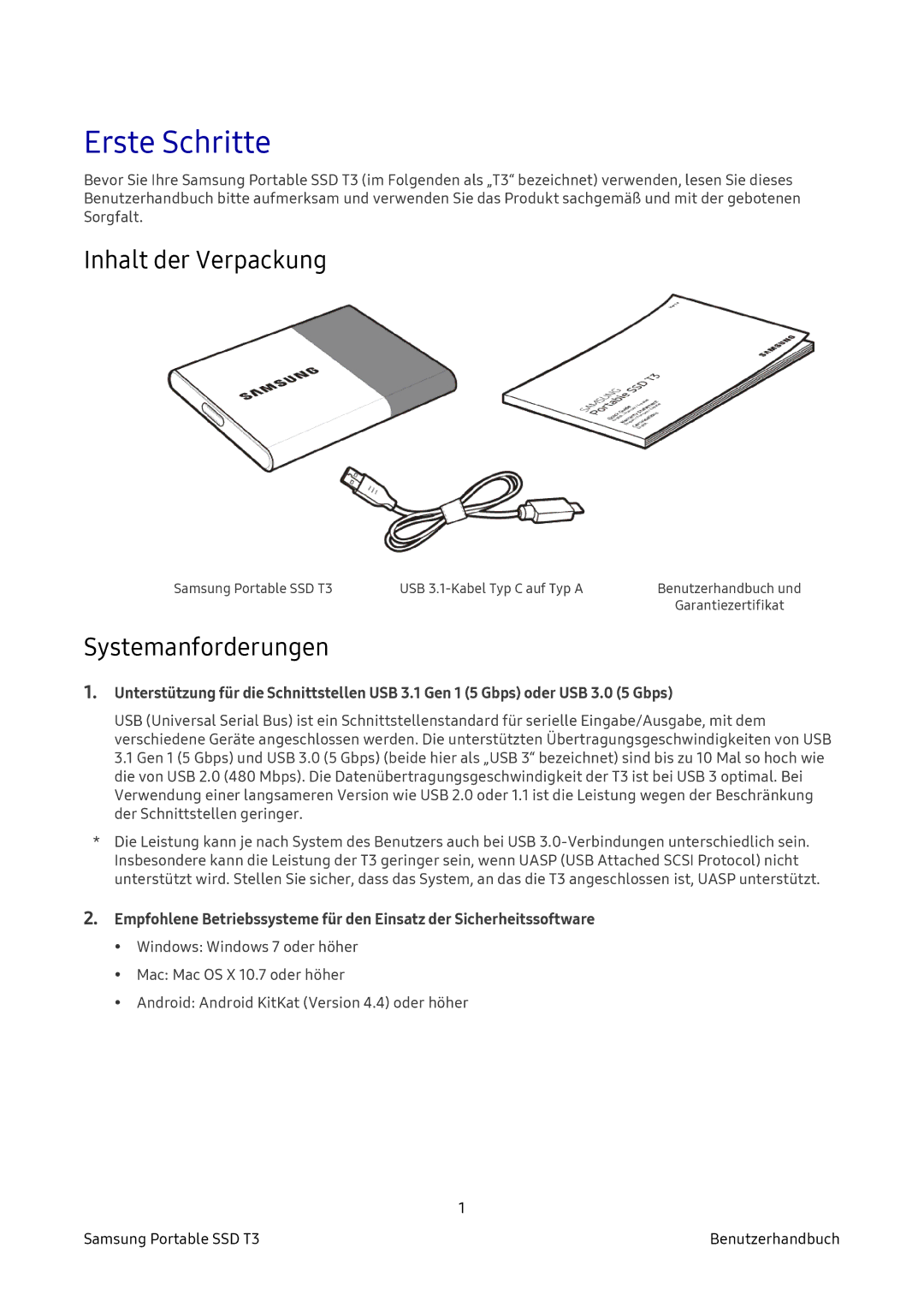 Samsung MU-PT2T0B/EU, MU-PT500B/EU, MU-PT250B/EU, MU-PT1T0B/EU Erste Schritte, Inhalt der Verpackung, Systemanforderungen 