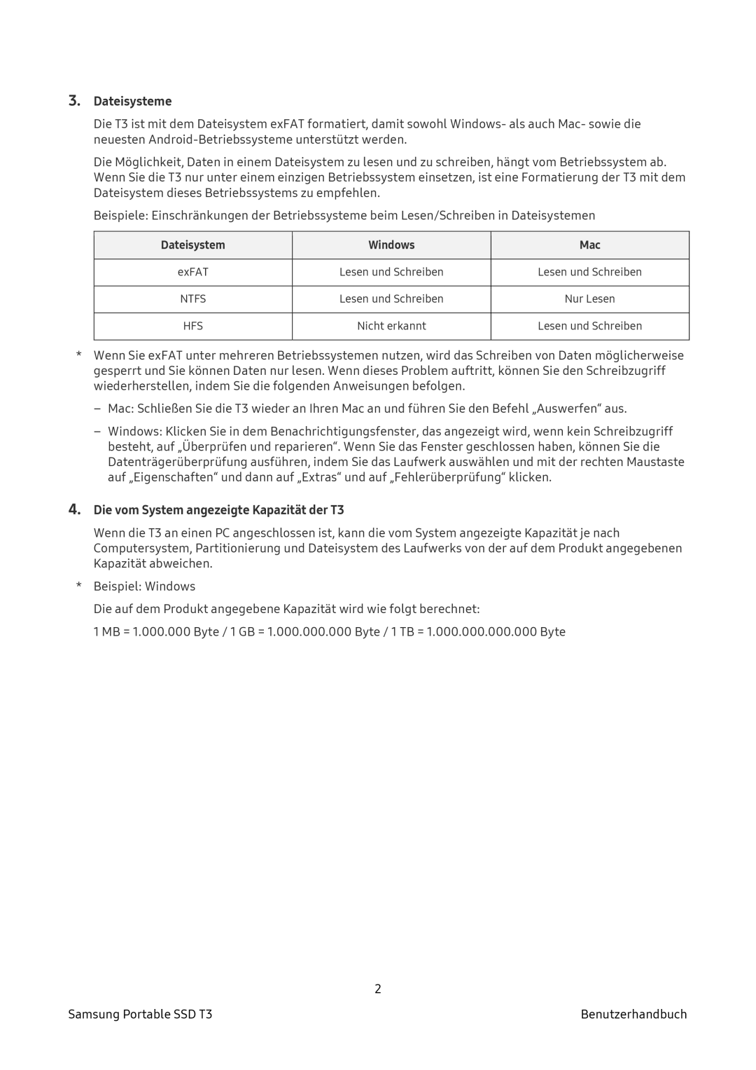 Samsung MU-PT500B/EU, MU-PT2T0B/EU, MU-PT250B/EU, MU-PT1T0B/EU manual Dateisysteme, Die vom System angezeigte Kapazität der T3 