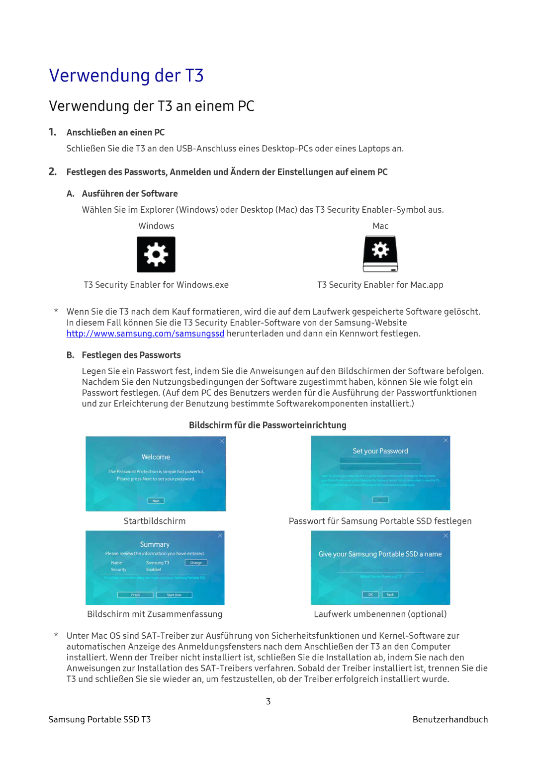 Samsung MU-PT250B/EU, MU-PT2T0B/EU Verwendung der T3 an einem PC, Anschließen an einen PC, Festlegen des Passworts 