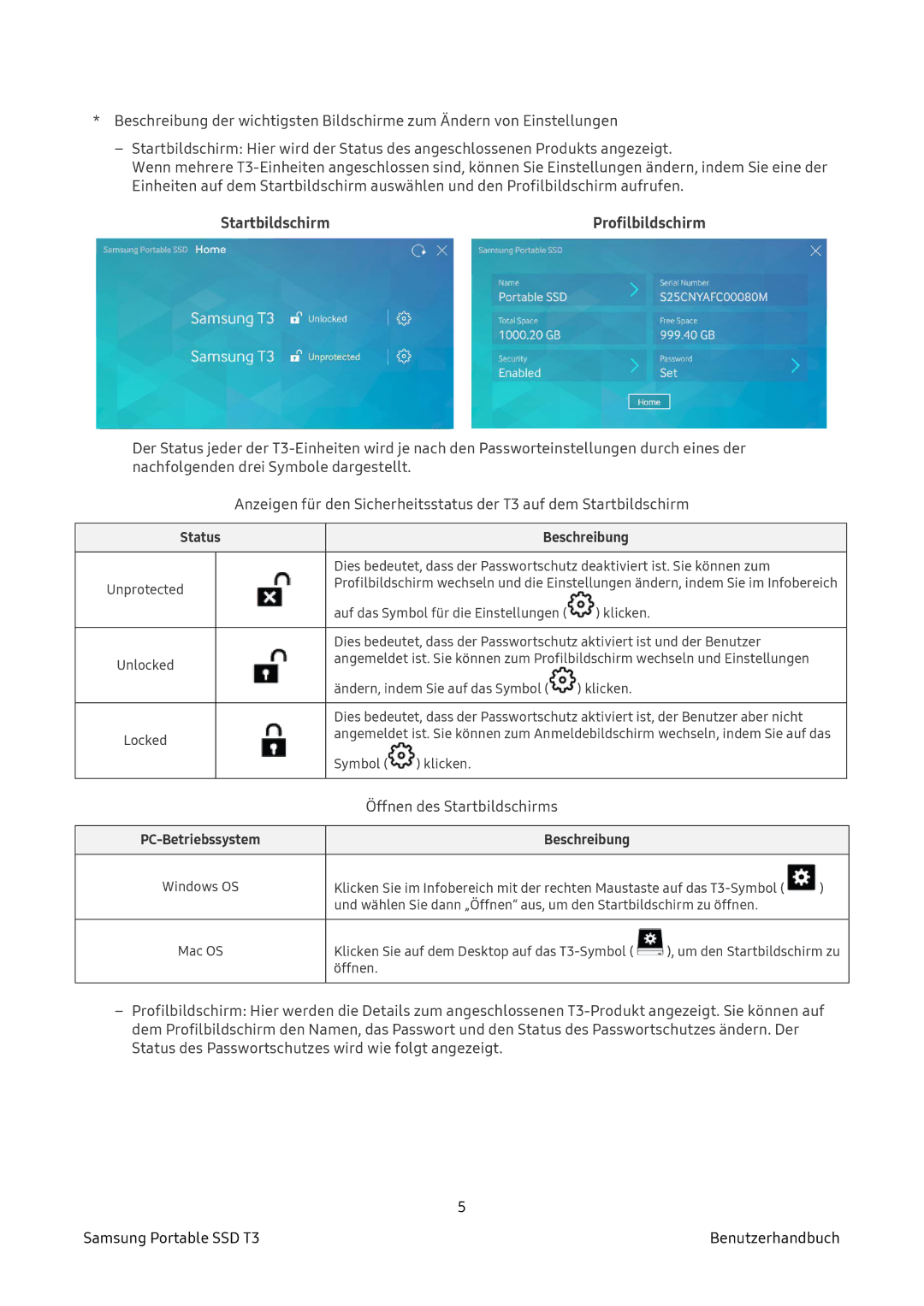 Samsung MU-PT2T0B/EU, MU-PT500B/EU, MU-PT250B/EU, MU-PT1T0B/EU manual Startbildschirm, Status Beschreibung 