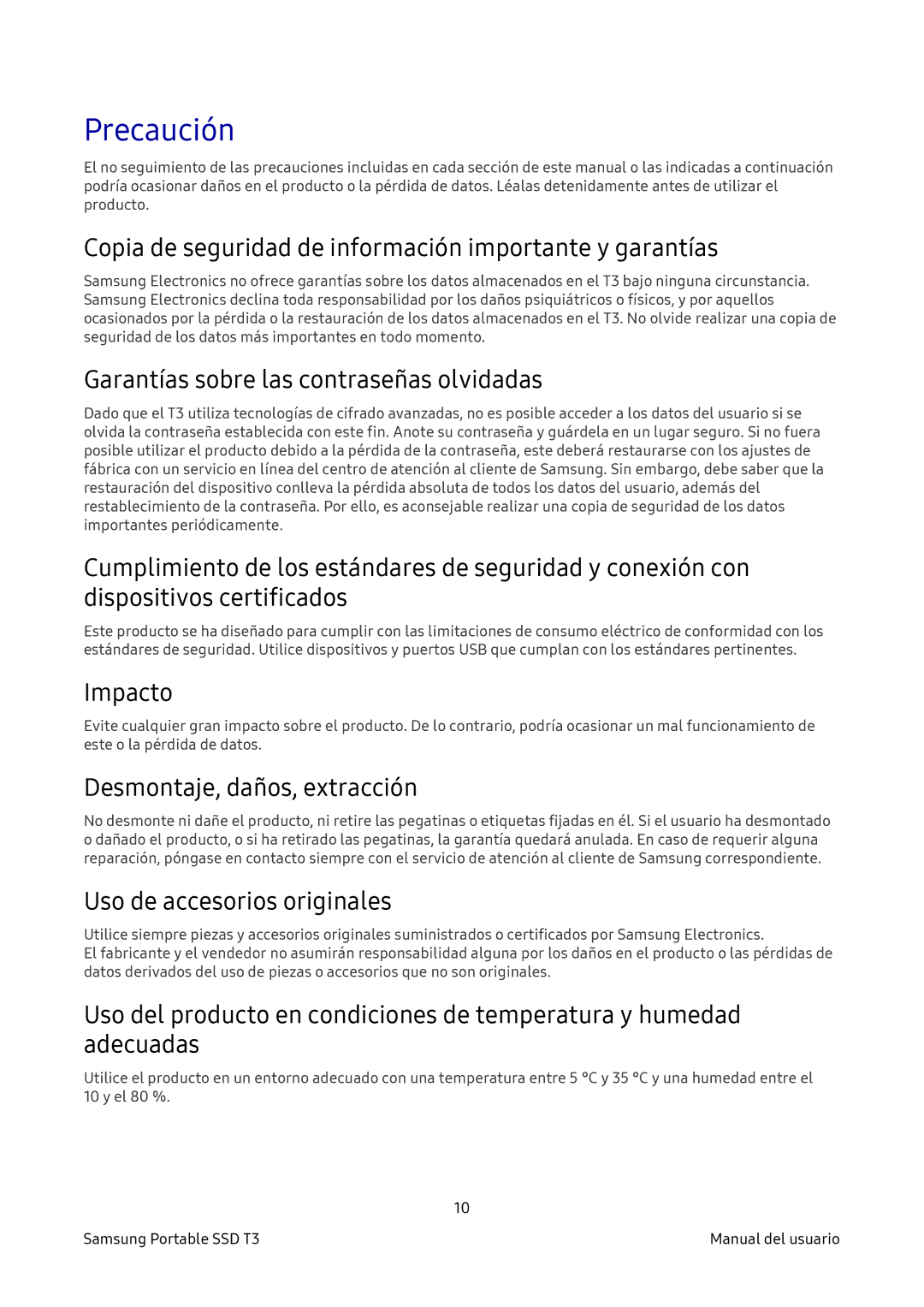 Samsung MU-PT500B/EU, MU-PT2T0B/EU, MU-PT250B/EU, MU-PT1T0B/EU manual Precaución 