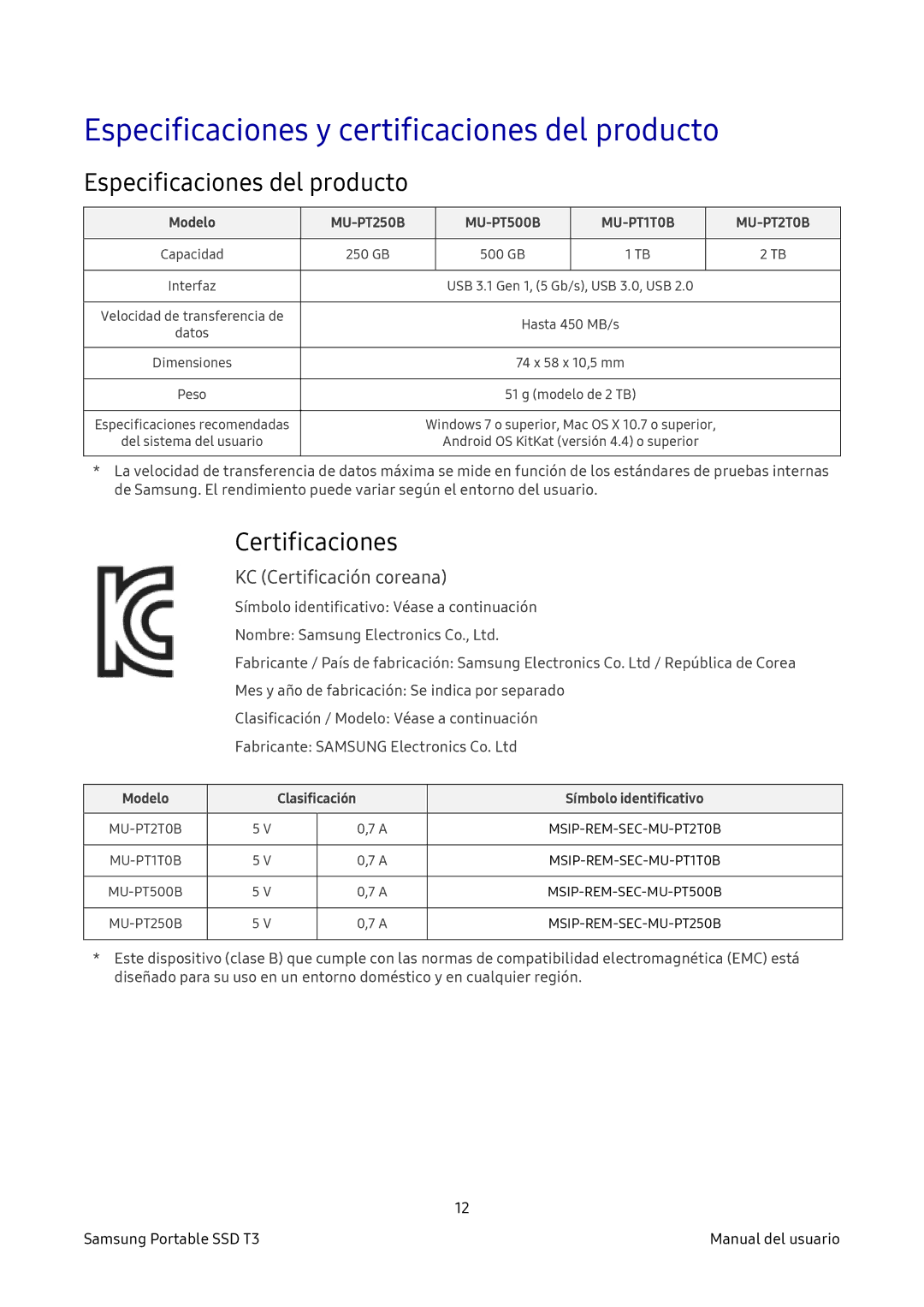 Samsung MU-PT1T0B/EU manual Especificaciones y certificaciones del producto, Especificaciones del producto, Certificaciones 