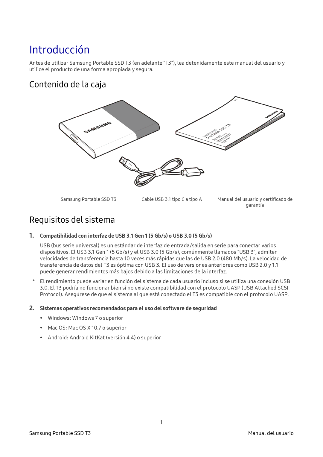 Samsung MU-PT2T0B/EU, MU-PT500B/EU, MU-PT250B/EU, MU-PT1T0B/EU Introducción, Contenido de la caja, Requisitos del sistema 