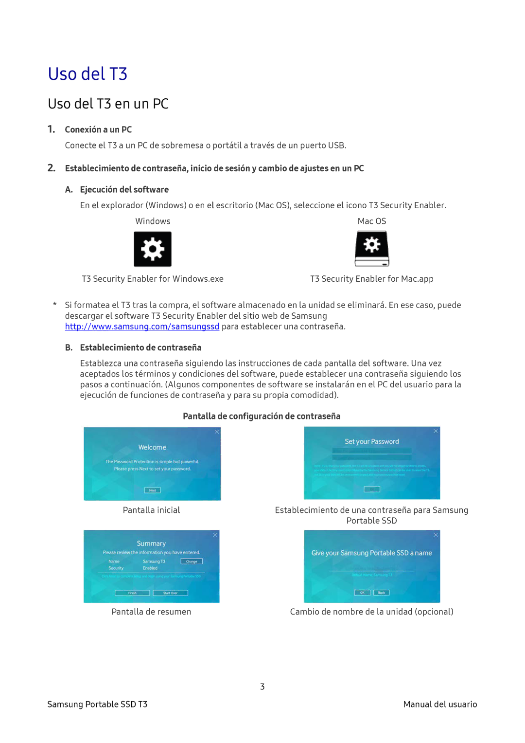 Samsung MU-PT250B/EU, MU-PT2T0B/EU, MU-PT500B/EU Uso del T3 en un PC, Conexión a un PC, Establecimiento de contraseña 