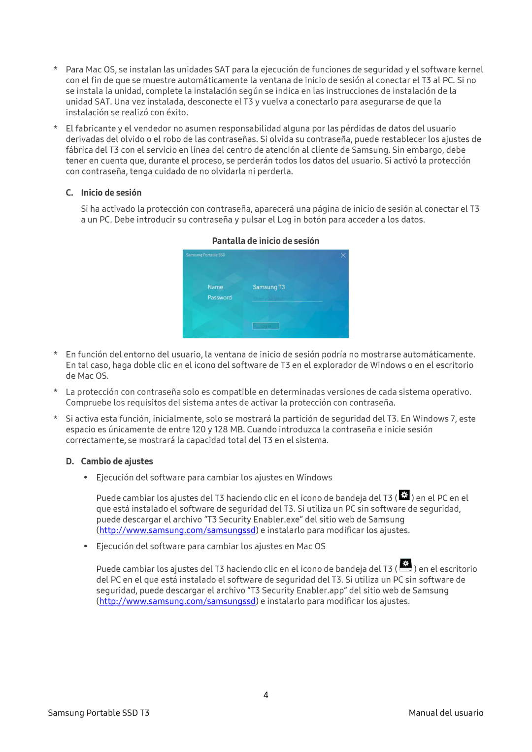 Samsung MU-PT1T0B/EU, MU-PT2T0B/EU, MU-PT500B/EU manual Inicio de sesión, Pantalla de inicio de sesión, Cambio de ajustes 