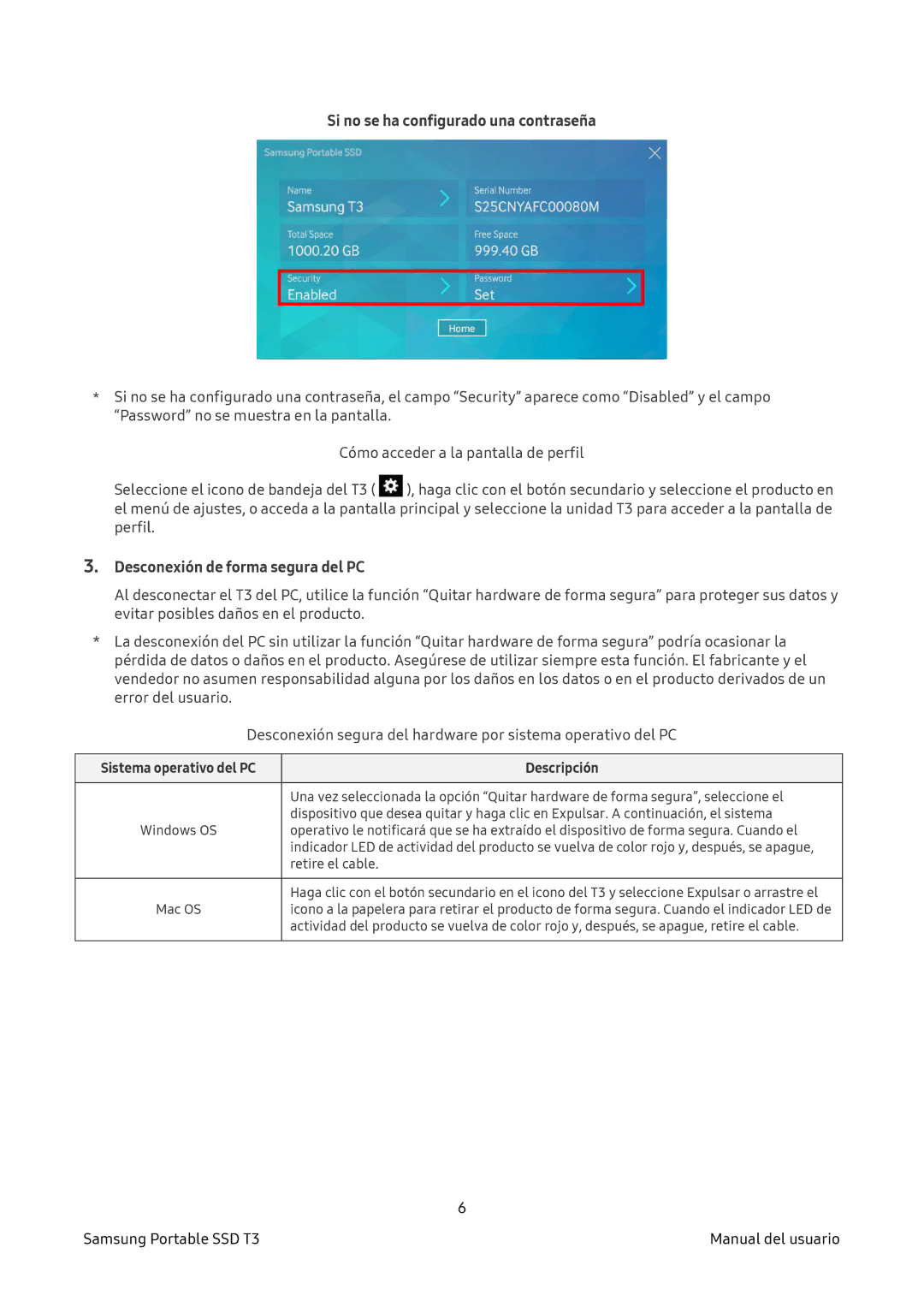 Samsung MU-PT500B/EU, MU-PT2T0B/EU, MU-PT250B/EU Si no se ha configurado una contraseña, Desconexión de forma segura del PC 