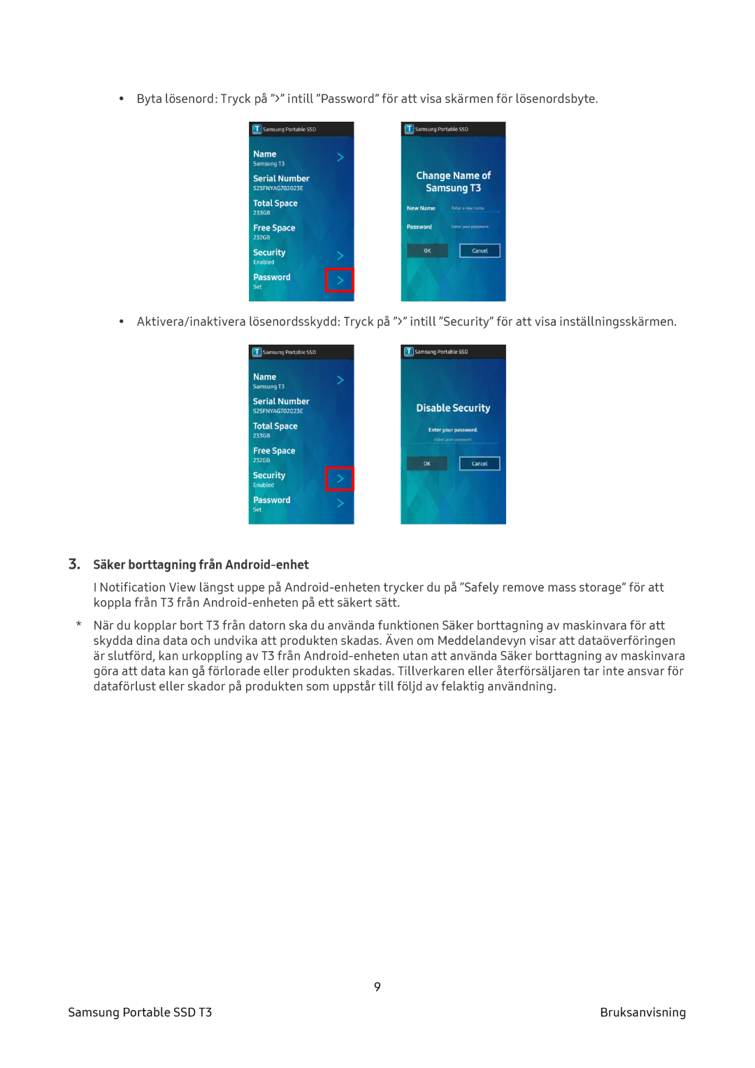 Samsung MU-PT2T0B/EU, MU-PT500B/EU, MU-PT250B/EU, MU-PT1T0B/EU manual Säker borttagning från Android-enhet 