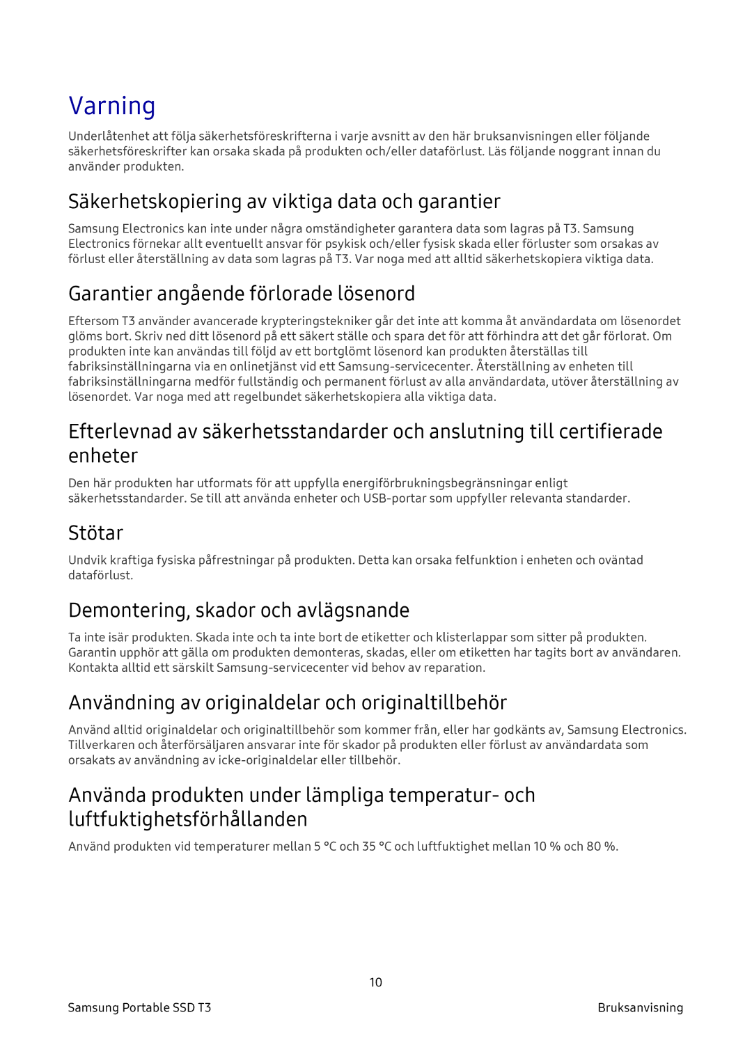 Samsung MU-PT500B/EU, MU-PT2T0B/EU, MU-PT250B/EU, MU-PT1T0B/EU manual Varning 