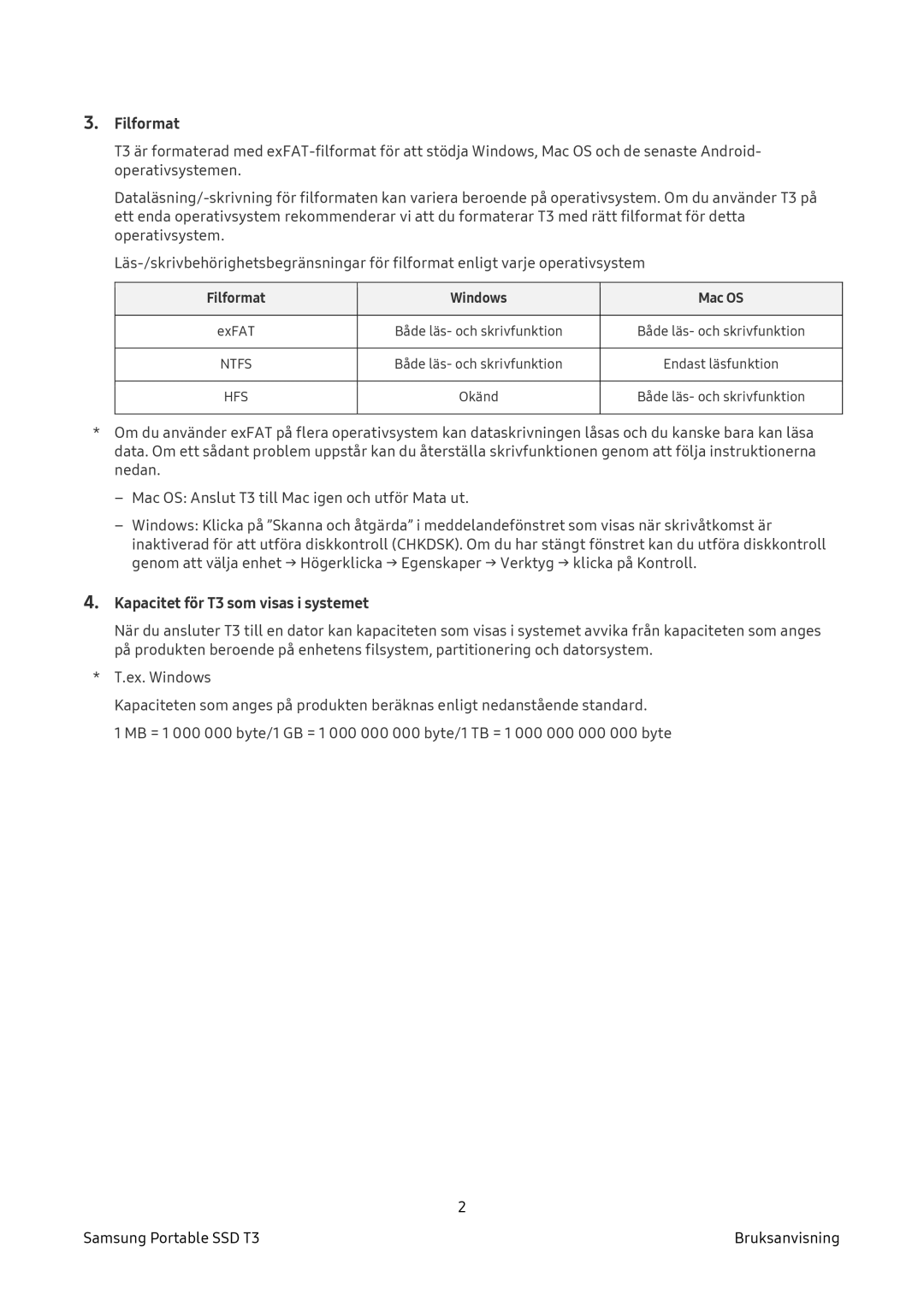 Samsung MU-PT500B/EU, MU-PT2T0B/EU, MU-PT250B/EU, MU-PT1T0B/EU manual Filformat, Kapacitet för T3 som visas i systemet 