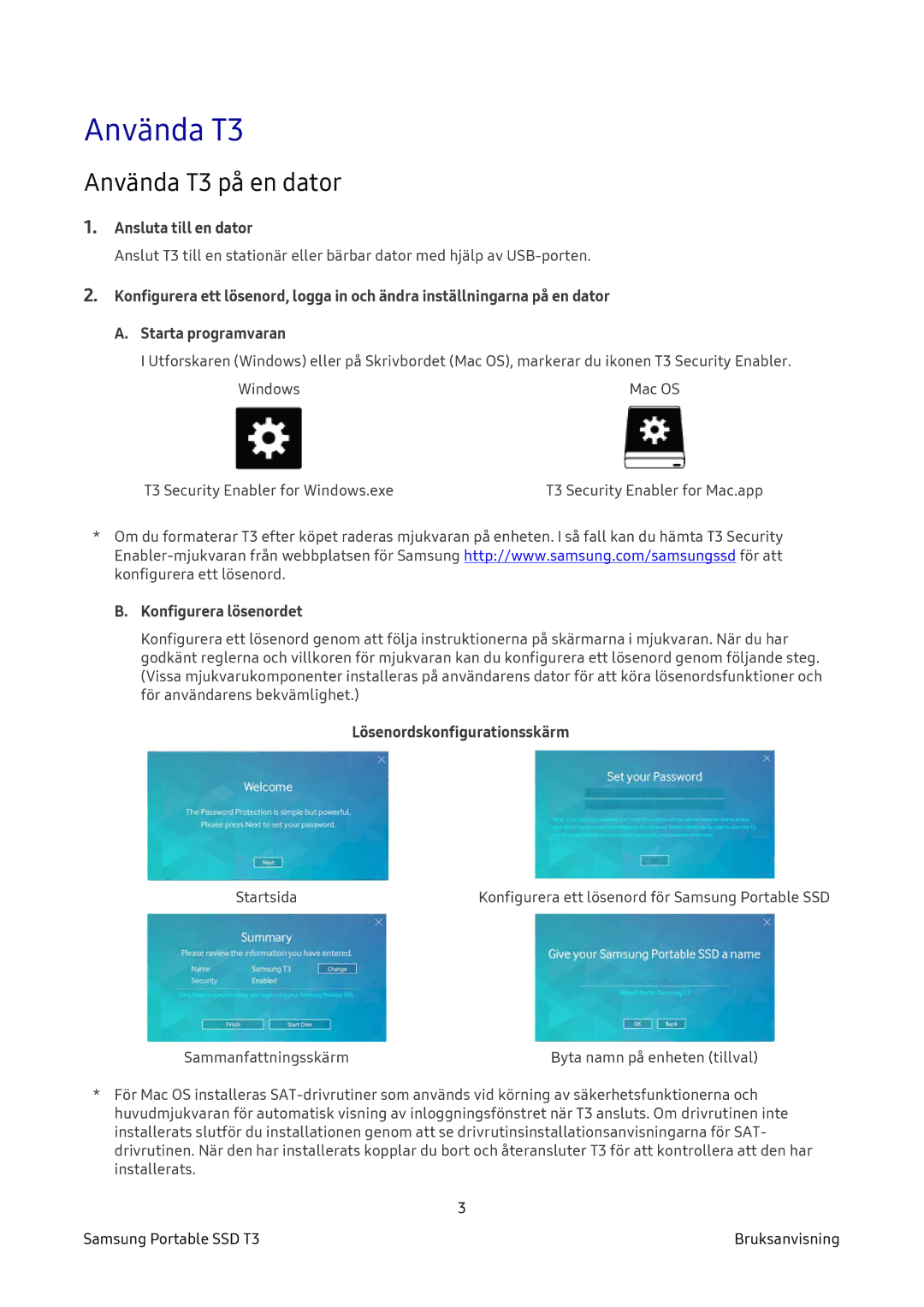 Samsung MU-PT250B/EU, MU-PT2T0B/EU, MU-PT500B/EU Använda T3 på en dator, Ansluta till en dator, Konfigurera lösenordet 