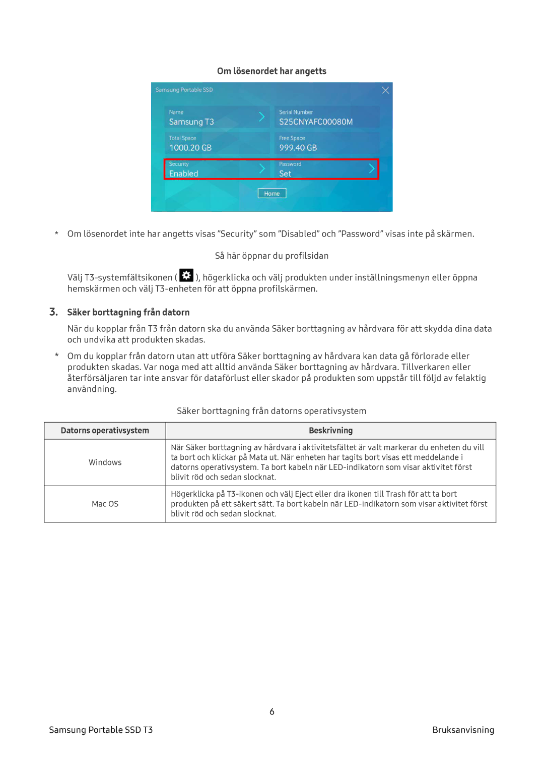 Samsung MU-PT500B/EU, MU-PT2T0B/EU, MU-PT250B/EU, MU-PT1T0B/EU manual Om lösenordet har angetts, Säker borttagning från datorn 