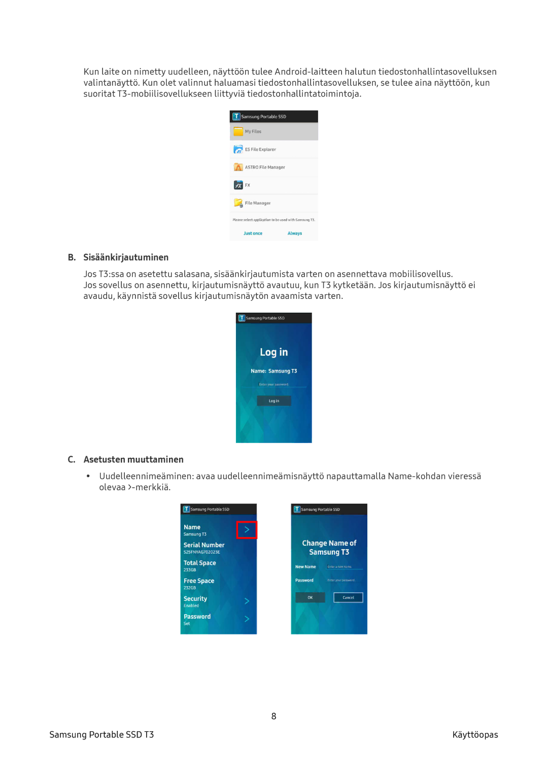 Samsung MU-PT1T0B/EU, MU-PT2T0B/EU, MU-PT500B/EU, MU-PT250B/EU manual Sisäänkirjautuminen 