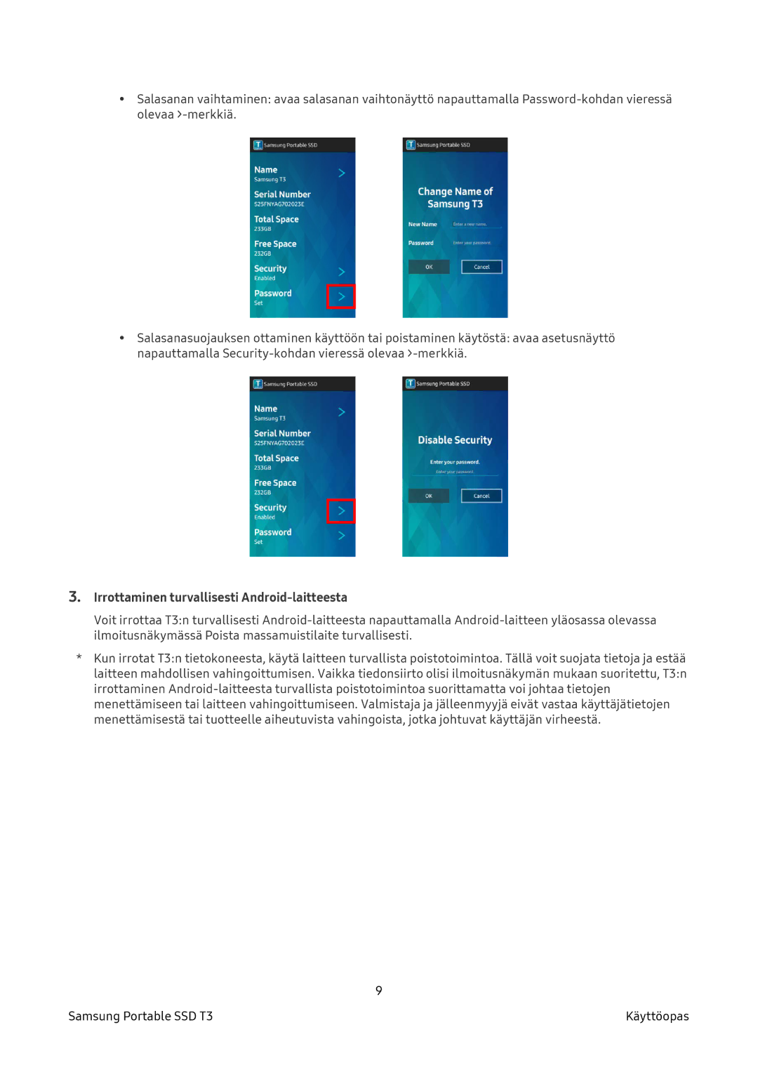 Samsung MU-PT2T0B/EU, MU-PT500B/EU, MU-PT250B/EU, MU-PT1T0B/EU manual Irrottaminen turvallisesti Android-laitteesta 