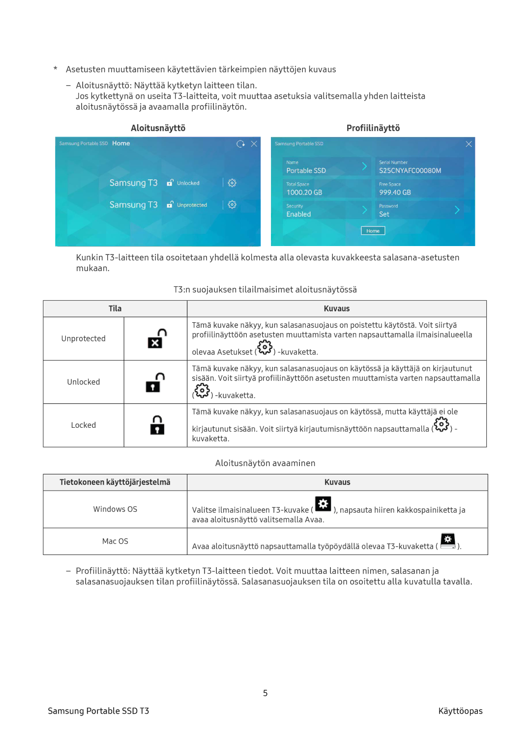 Samsung MU-PT2T0B/EU, MU-PT500B/EU manual Aloitusnäyttö, Profiilinäyttö, Tila Kuvaus, Tietokoneen käyttöjärjestelmä Kuvaus 