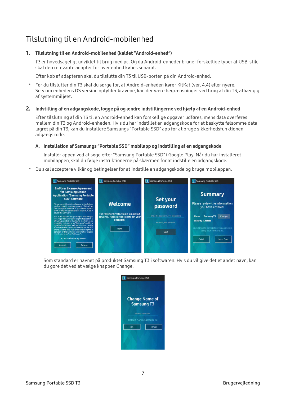 Samsung MU-PT250B/EU, MU-PT2T0B/EU, MU-PT500B/EU manual Tilslutning til en Android-mobilenhed kaldet Android-enhed 