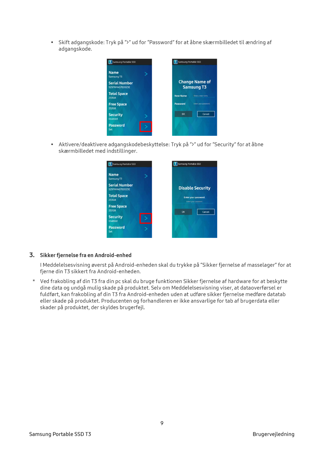 Samsung MU-PT2T0B/EU, MU-PT500B/EU, MU-PT250B/EU, MU-PT1T0B/EU manual Sikker fjernelse fra en Android-enhed 