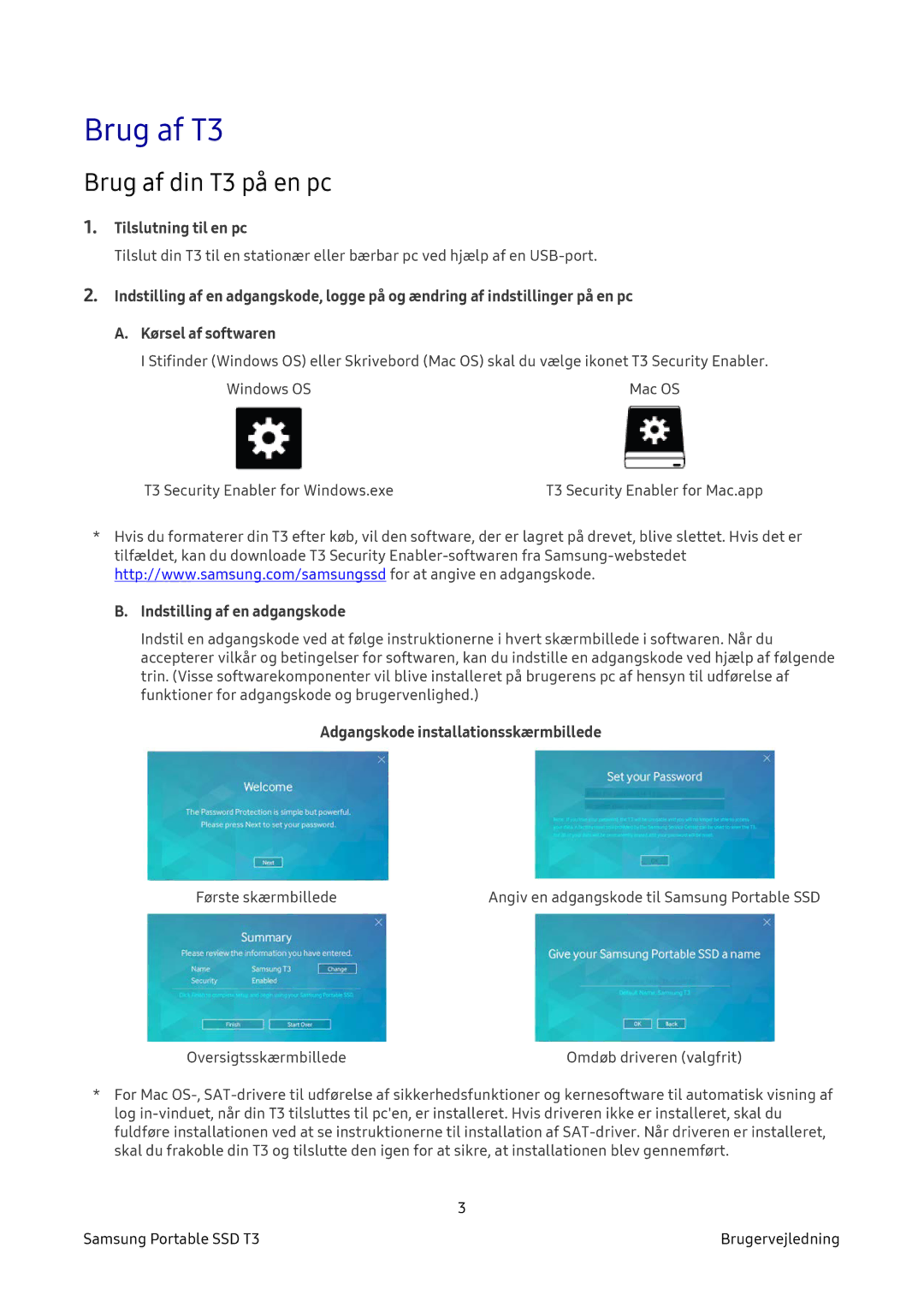 Samsung MU-PT250B/EU manual Brug af T3, Brug af din T3 på en pc, Tilslutning til en pc, Indstilling af en adgangskode 