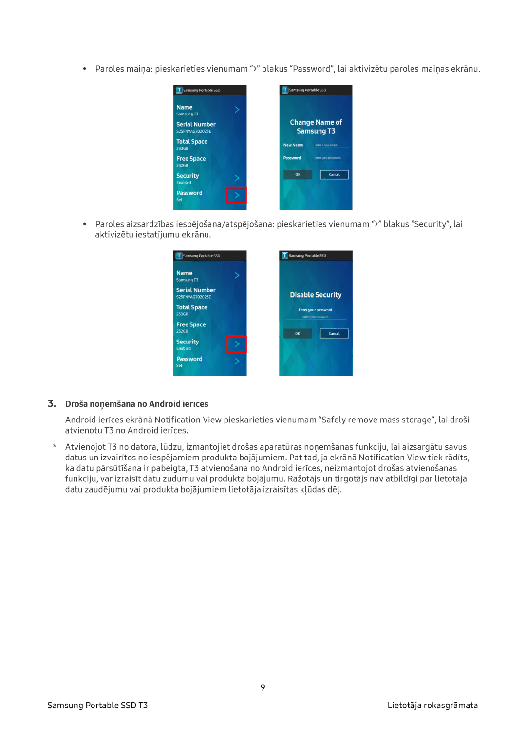 Samsung MU-PT2T0B/EU, MU-PT500B/EU, MU-PT250B/EU, MU-PT1T0B/EU manual Droša noņemšana no Android ierīces 