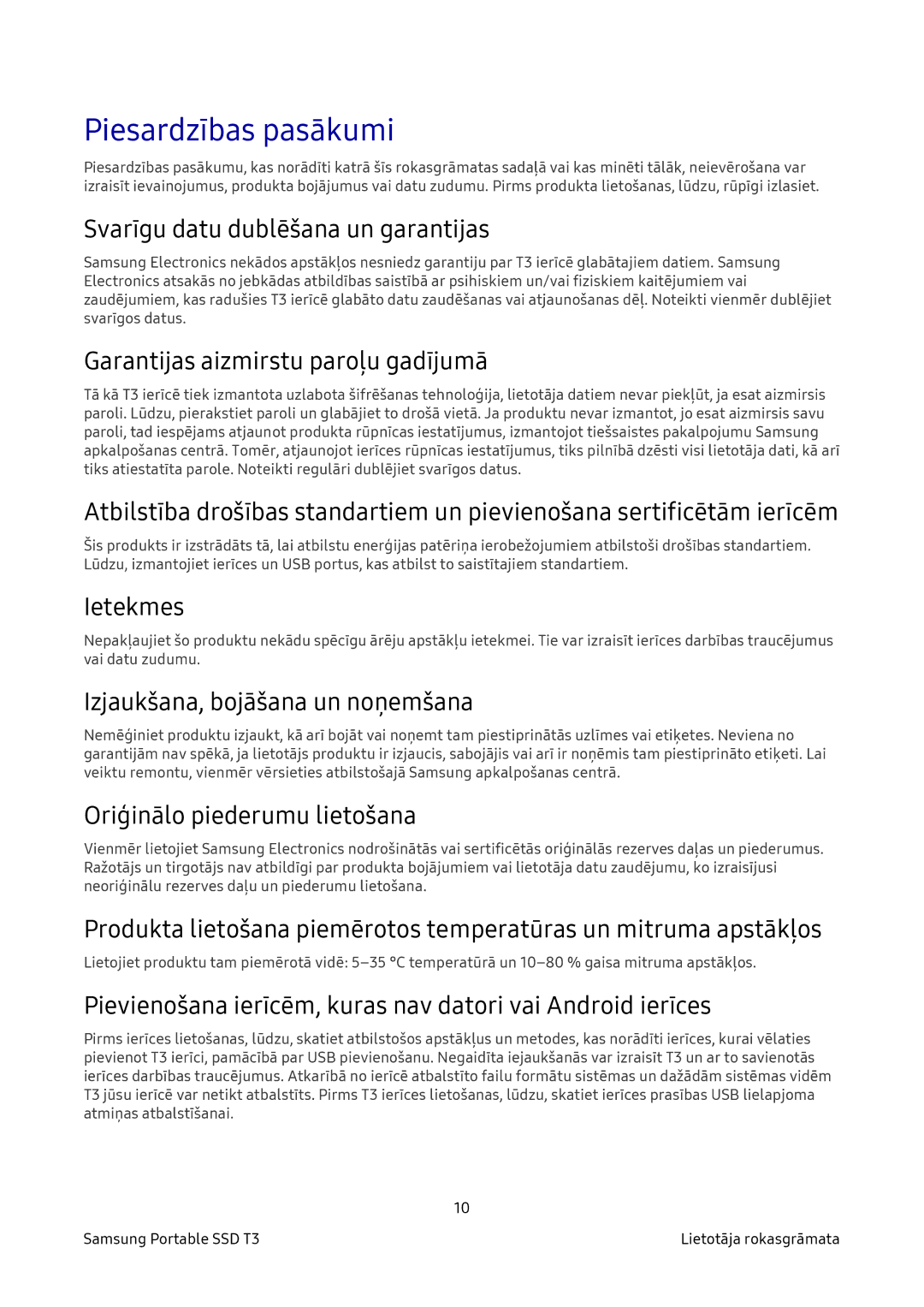 Samsung MU-PT500B/EU, MU-PT2T0B/EU, MU-PT250B/EU, MU-PT1T0B/EU manual Piesardzības pasākumi 