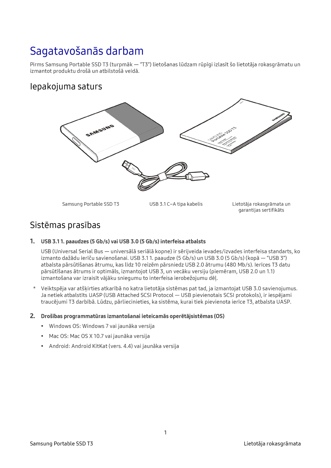 Samsung MU-PT2T0B/EU, MU-PT500B/EU, MU-PT250B/EU, MU-PT1T0B/EU Sagatavošanās darbam, Iepakojuma saturs, Sistēmas prasības 