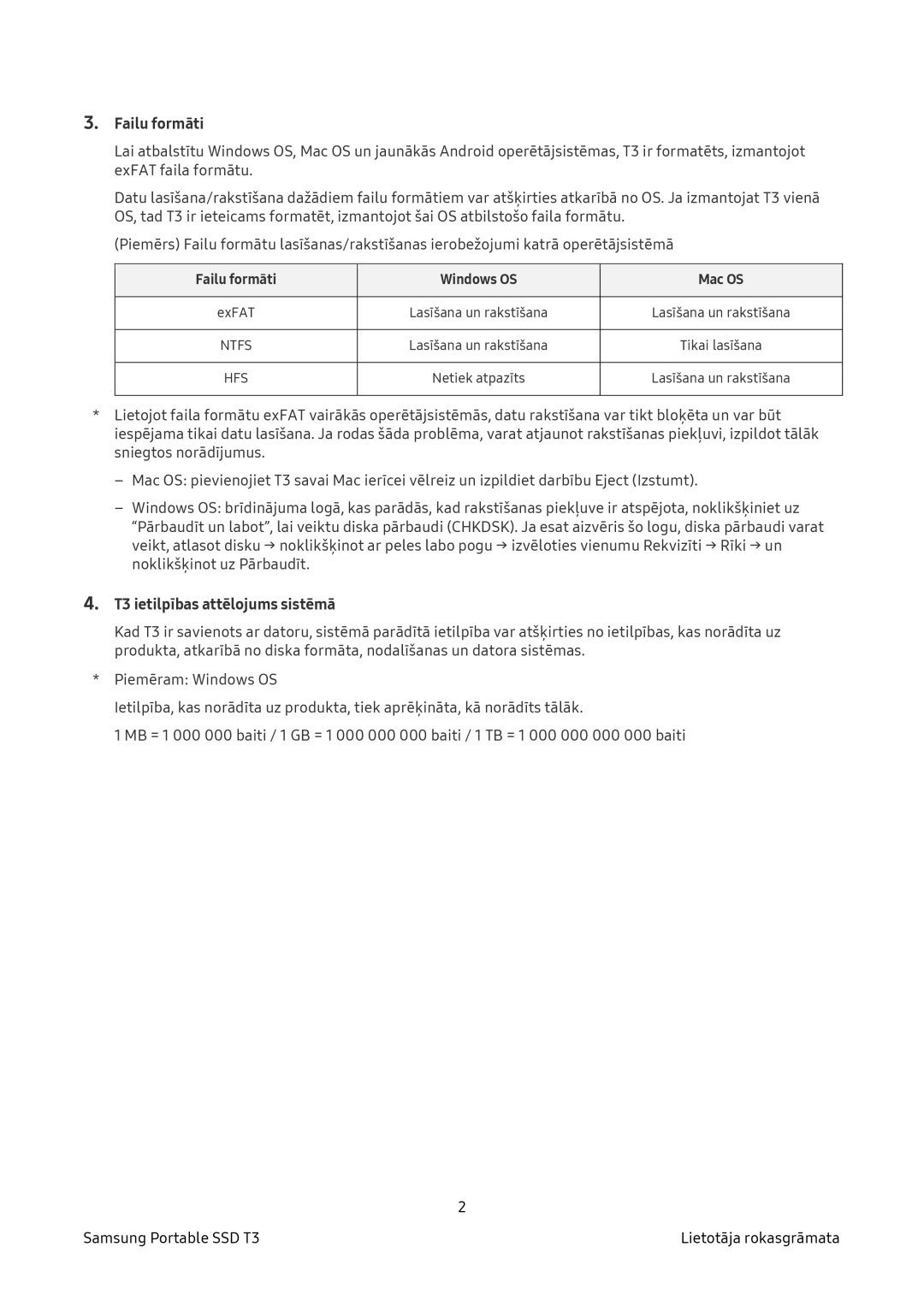 Samsung MU-PT500B/EU, MU-PT2T0B/EU, MU-PT250B/EU, MU-PT1T0B/EU manual Failu formāti, T3 ietilpības attēlojums sistēmā 