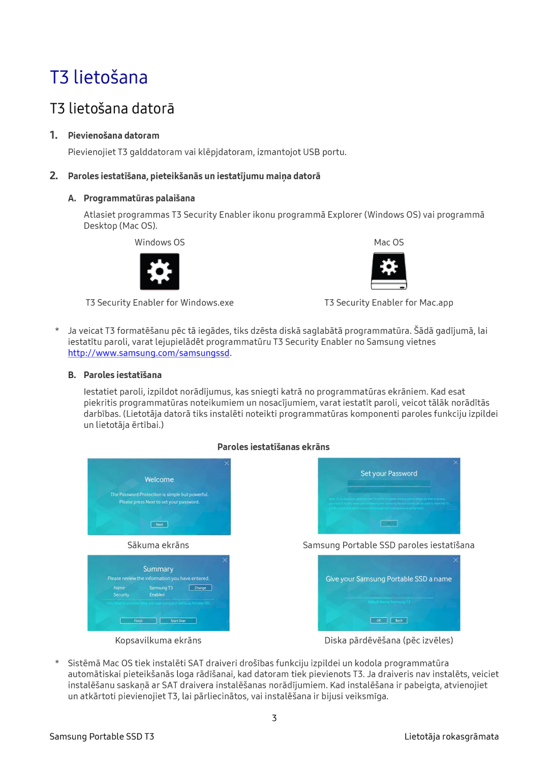 Samsung MU-PT250B/EU, MU-PT2T0B/EU manual T3 lietošana datorā, Pievienošana datoram, Paroles iestatīšanas ekrāns 