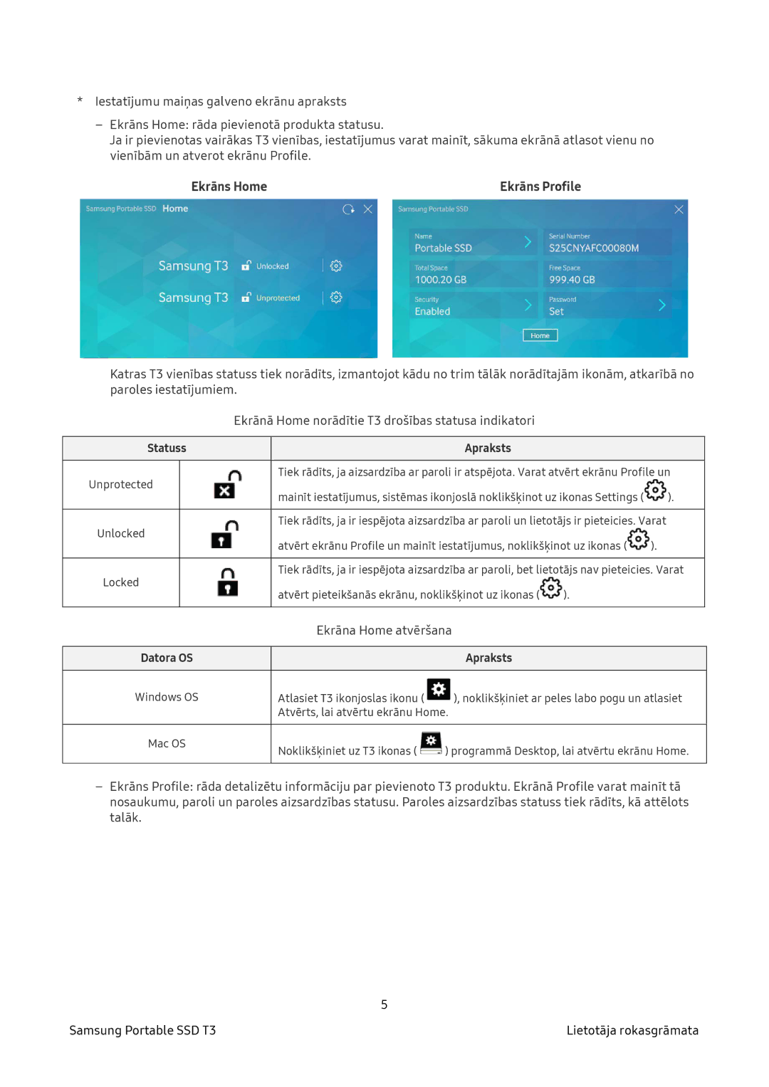 Samsung MU-PT2T0B/EU, MU-PT500B/EU, MU-PT250B/EU, MU-PT1T0B/EU manual Ekrāns Home, Statuss Apraksts 